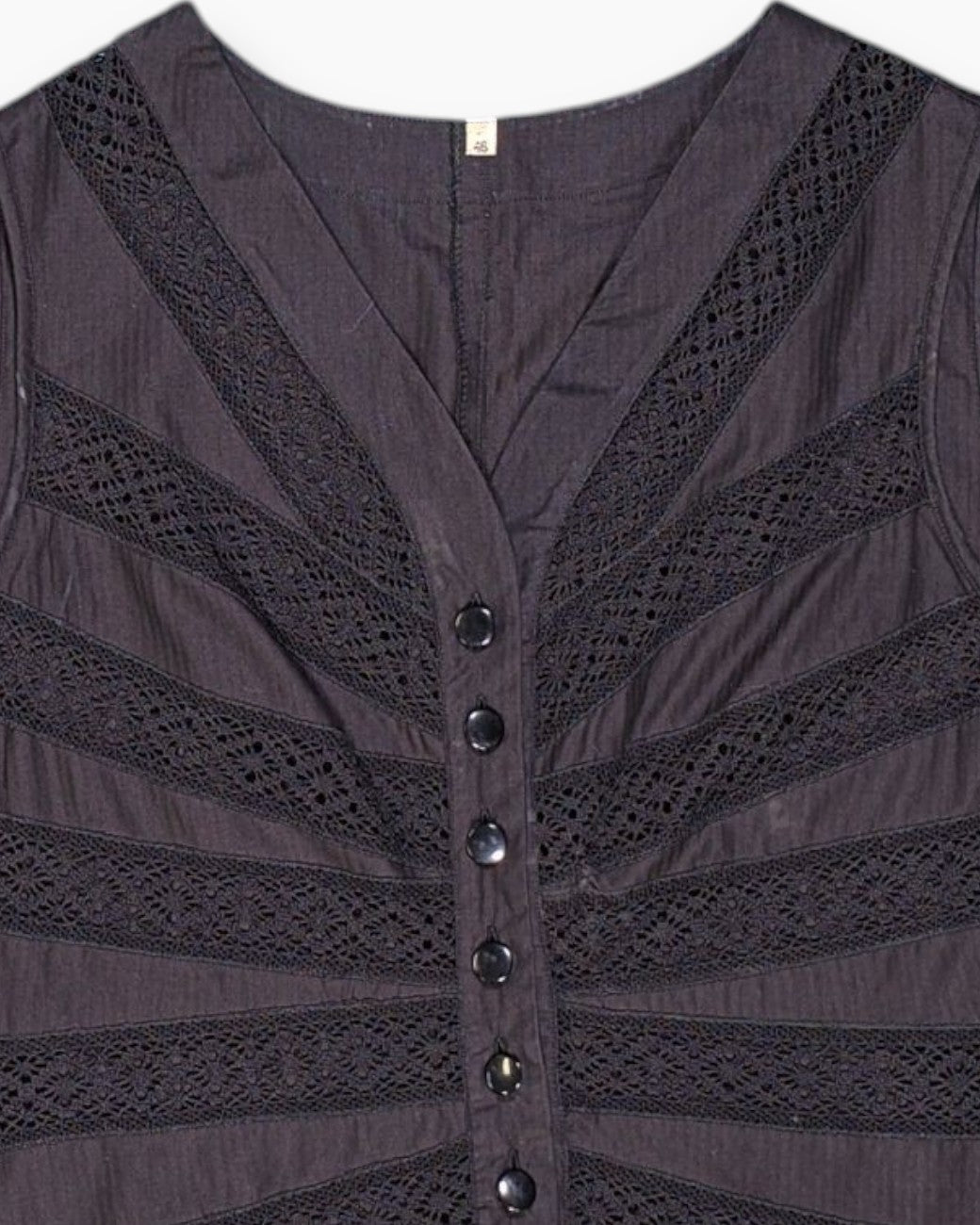 Front-detail-1 Vintage 70s Unknown Sleeveless Top – Black Lace Panel Tank