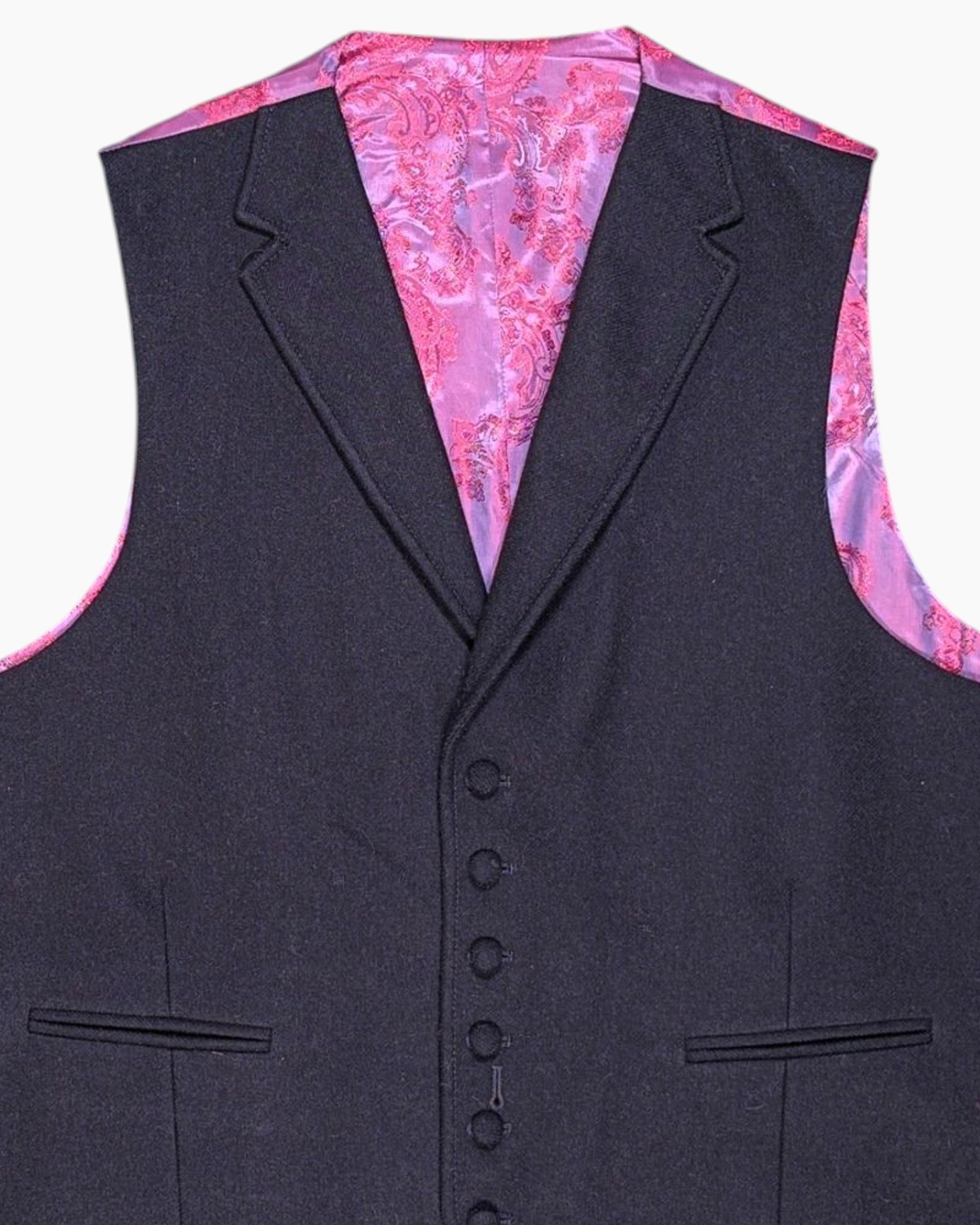 Front-detail-1 Pre-owned Unknown Waistcoat (Vest) – Black Satin Paisley Lining