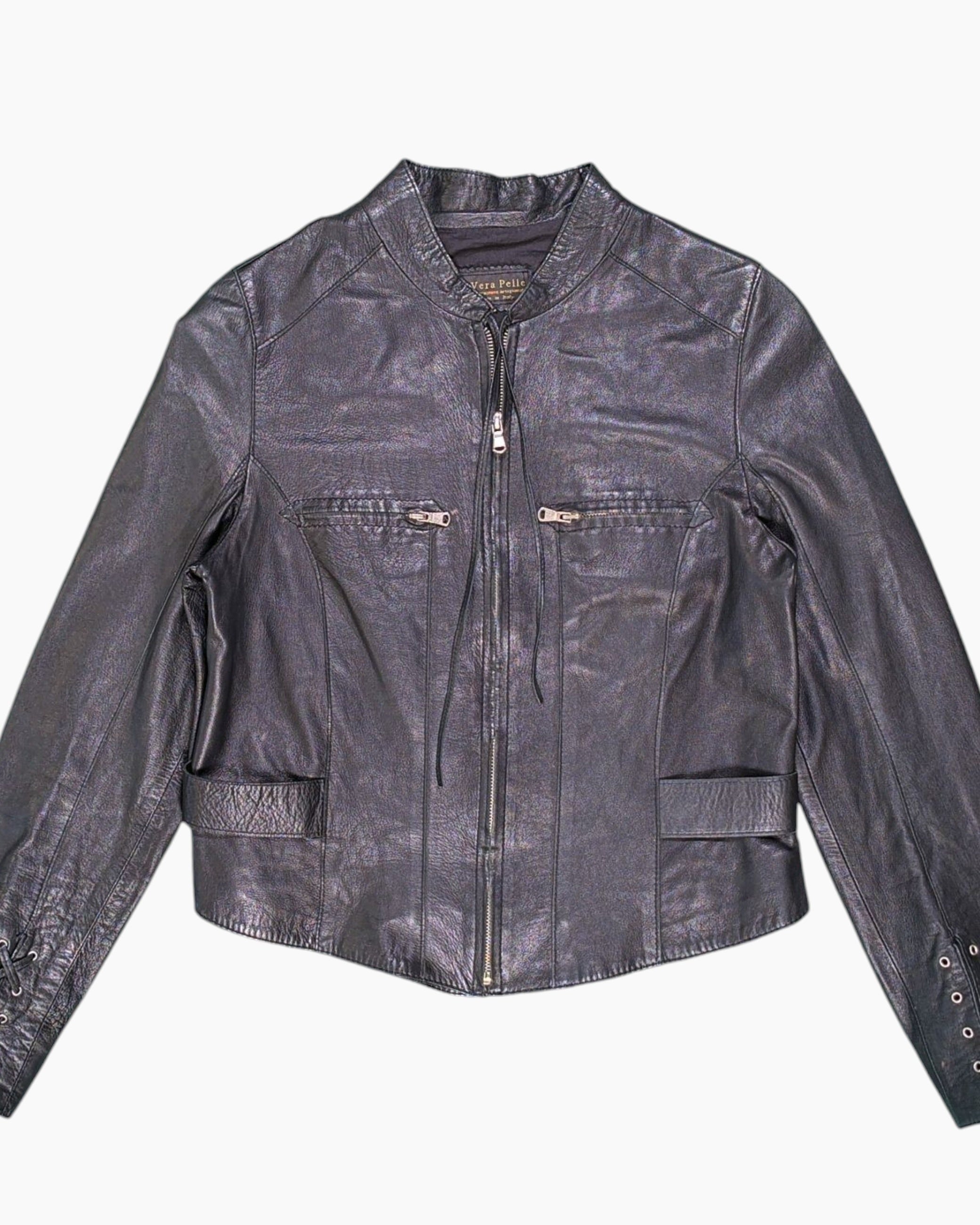 Front-detail-1 Vintage 80s Vera Pelle Leather Jacket – Black Lace-up Sleeve
