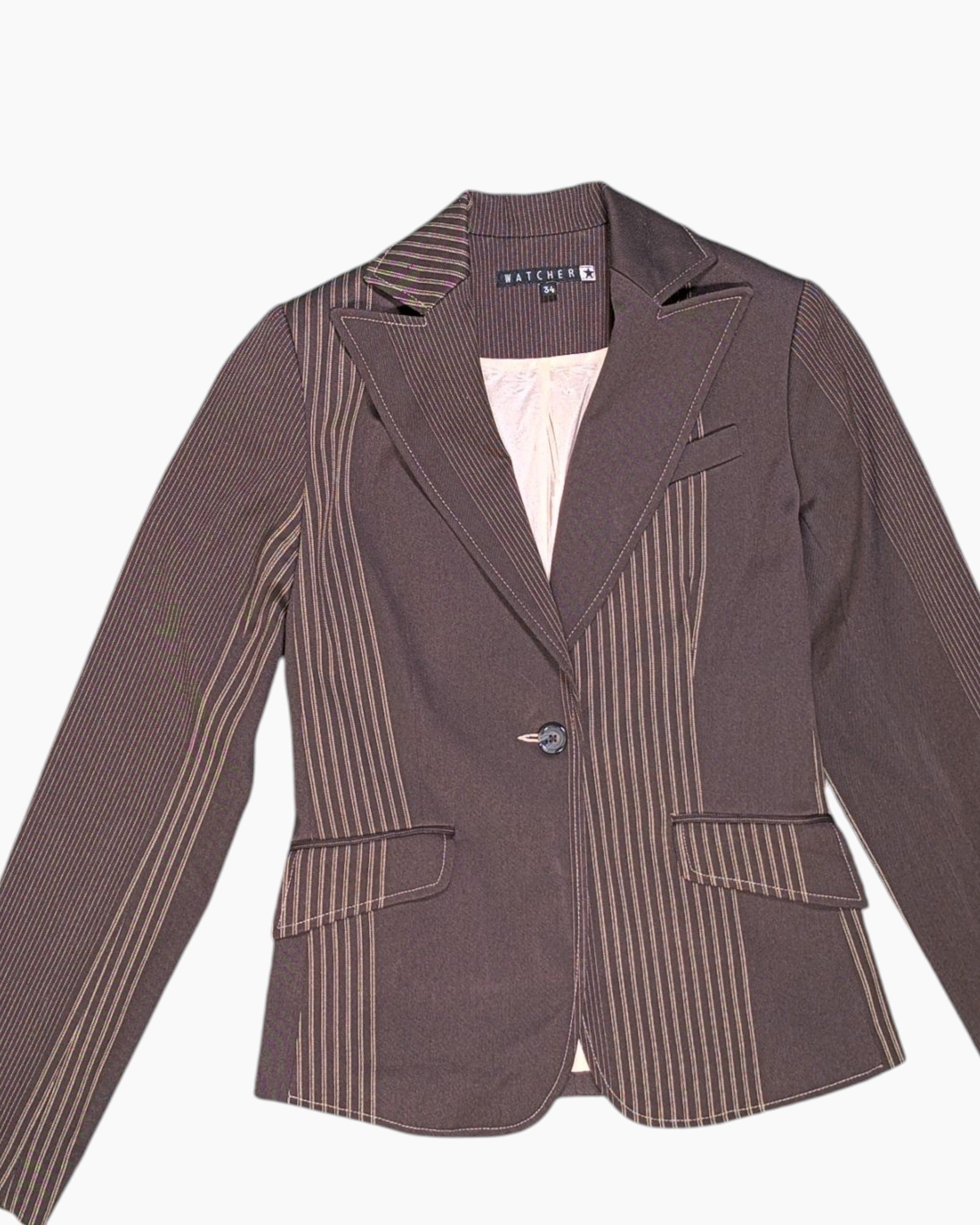 Front Detail 1 Vintage Y2K WATCHER Blazer – Brown Pinstripe (Preloved)