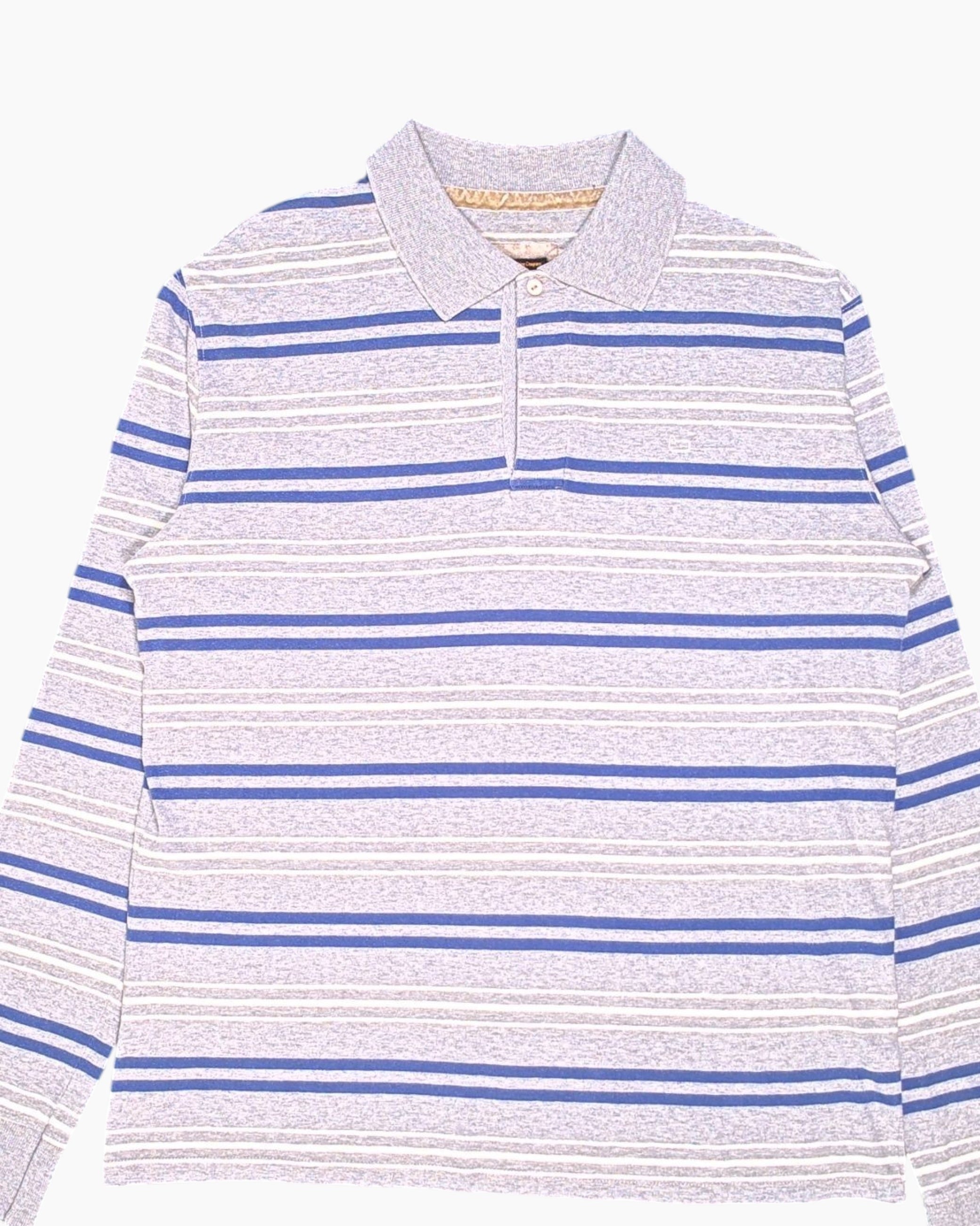 Front-detail-1 Vintage 90s/2000s Woolrich Long Sleeve Polo Shirt – Striped (Navy/Yellow) 