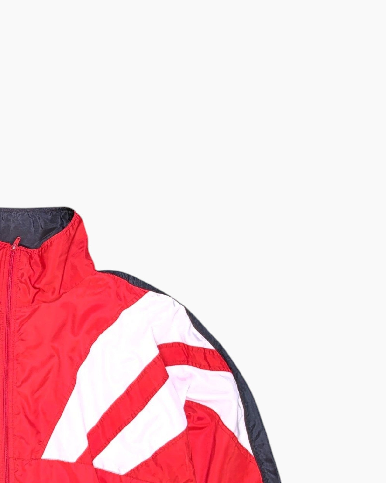Front-detail-2 Vintage 80s/90s active® Swiss Design Windbreaker Jacket – Red Chevron Color‑block