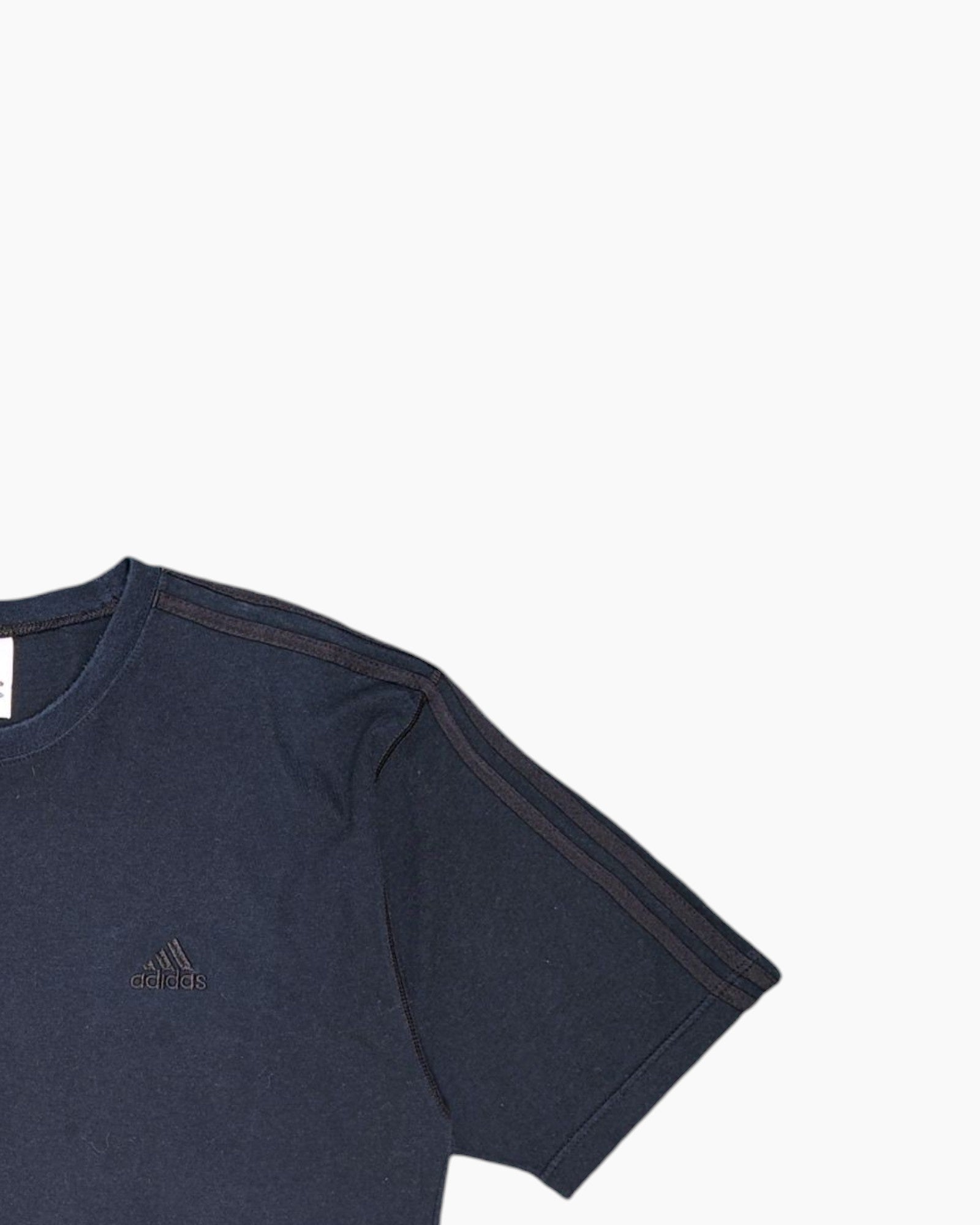 Front-detail-2 Vintage 2000s adidas Graphic T-Shirt – Navy with 3‑Stripes