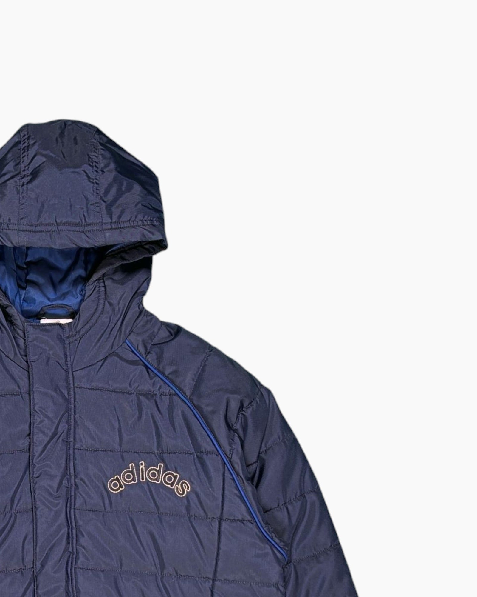 Front-detail-2 Pre-owned adidas Puffer Jacket – Navy Quilted Hooded