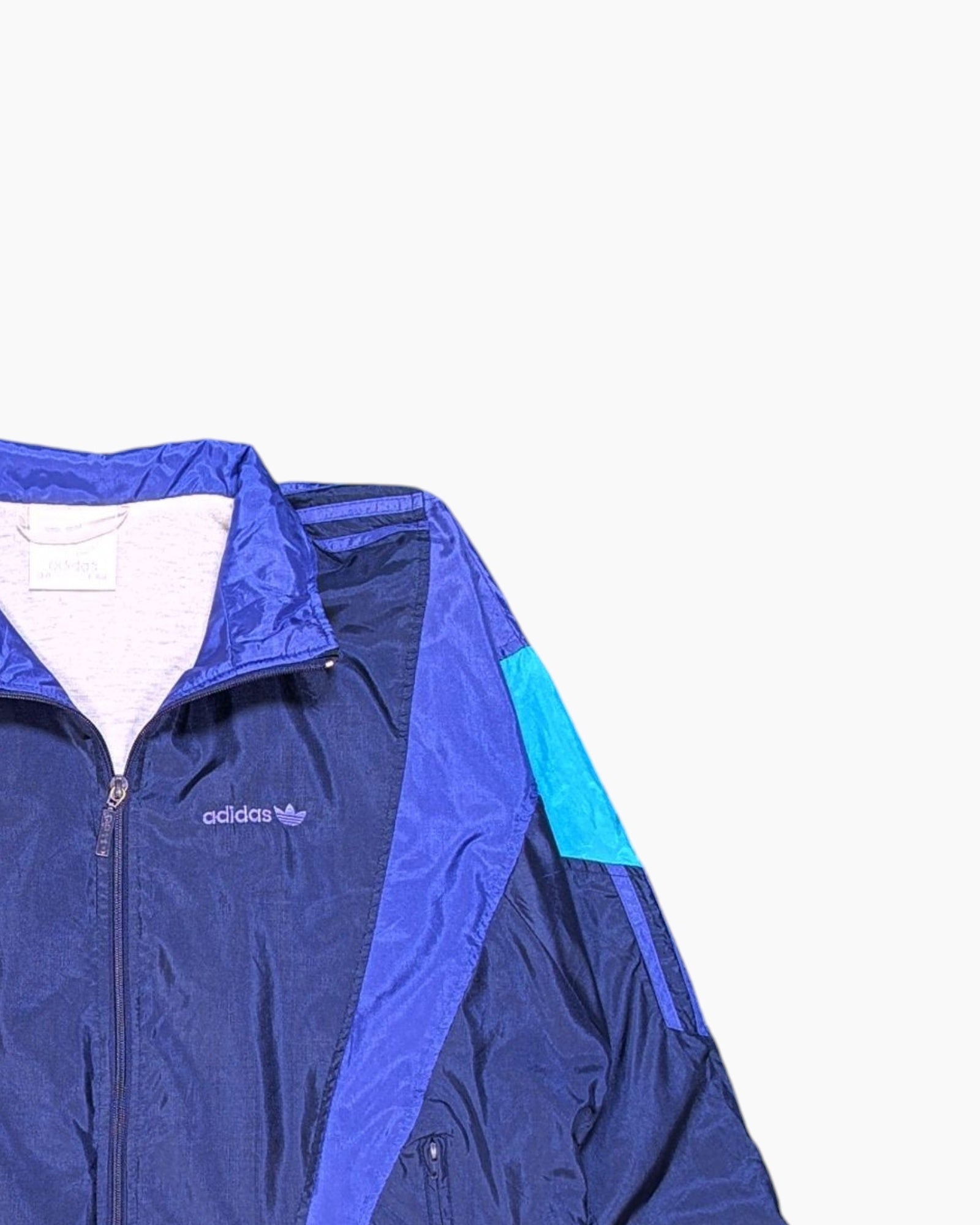 Front-detail-2 Vintage 90s adidas Windbreaker Jacket – Blue Diagonal Colorblock