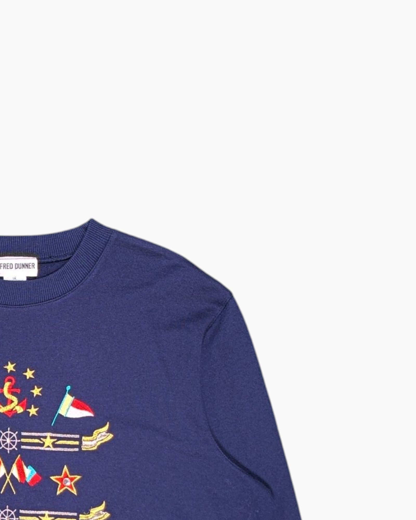 Front-detail-2 Vintage 80s/90s ALFRED DUNNER Pullover Sweater – Navy embroidered nautical