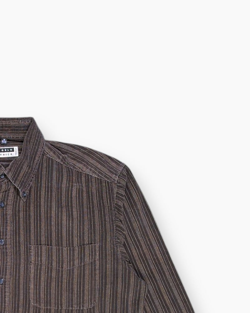 Front-detail-2 Vintage 90s ANGELO LITRICO Button-Down Shirt – Brown Micro-Stripe