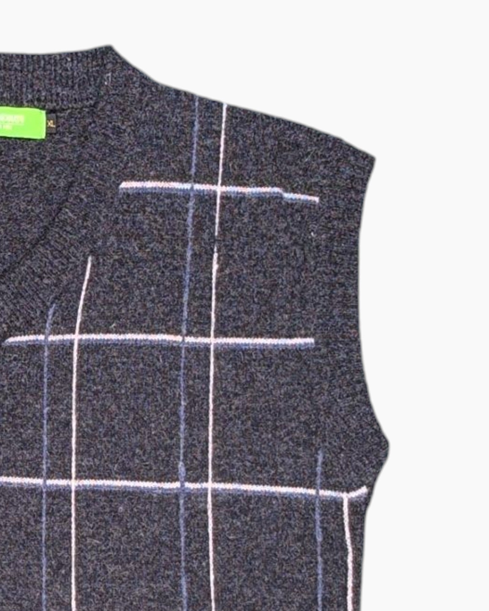 Front-detail-2 Pre-owned ANGIOLINO BENNATO Sleeveless Sweater Vest – Gray Windowpane
