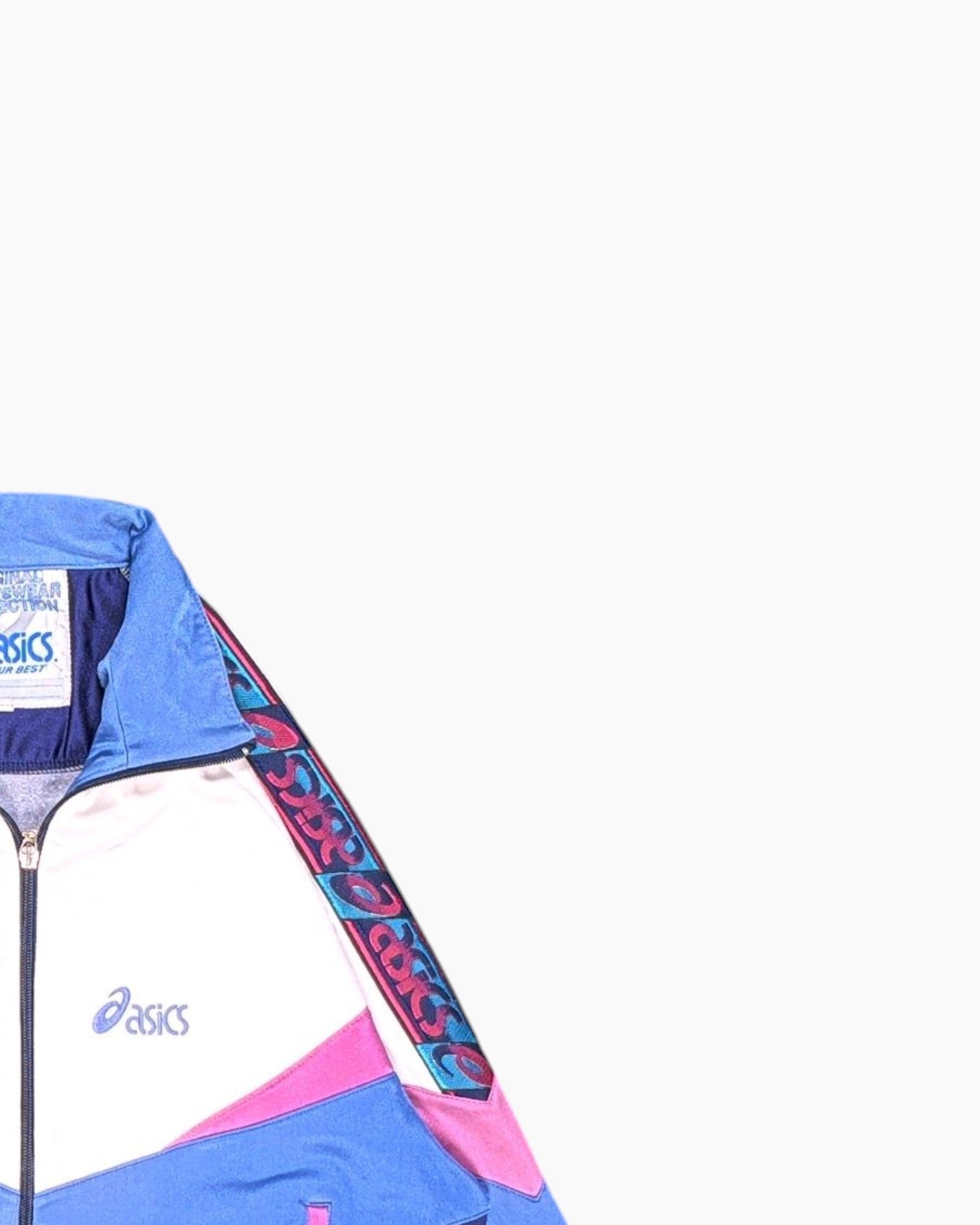 Front-detail-2 Vintage 80s/90s Asics Track Jacket – Navy Geometric Colorblock