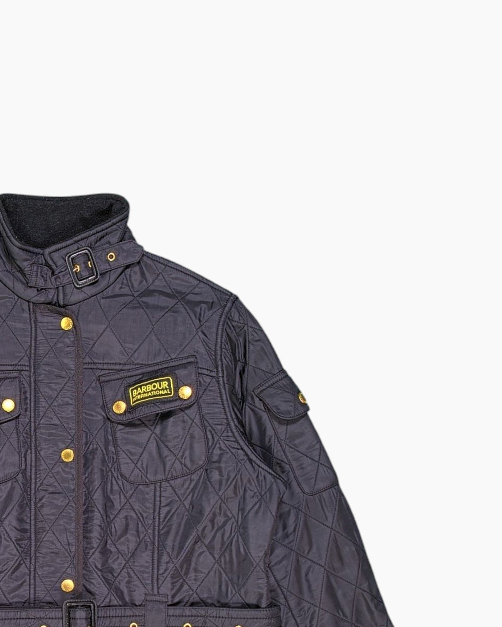 Front-detail-2 Pre-owned Barbour Quilted Jacket – Black Belted Moto (Women)