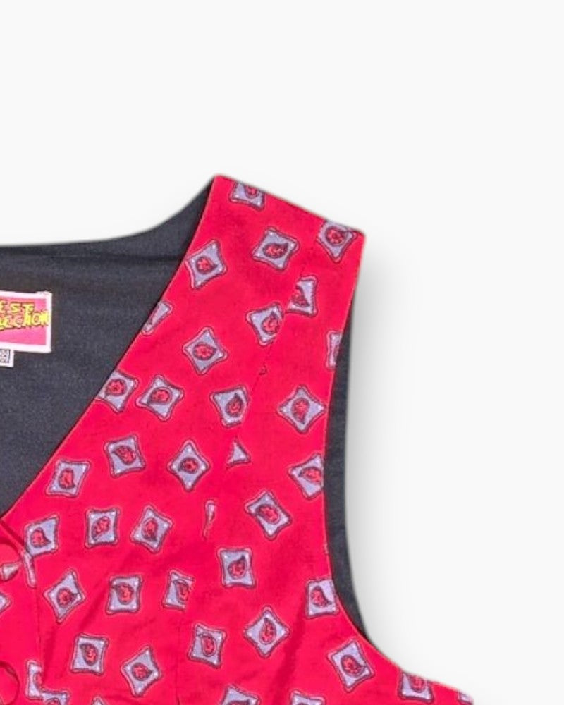 Front-detail-2 Vintage 80s/90s BEST COLLECTION Vest (sleeveless top) – Red Geometric Print