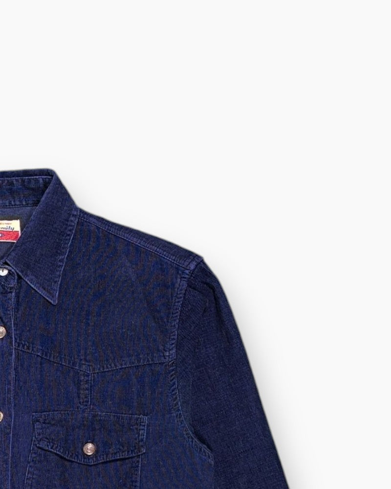 Front-detail-2 Vintage 90s/2000s Blue Family Button-Down Shirt – Navy Workwear