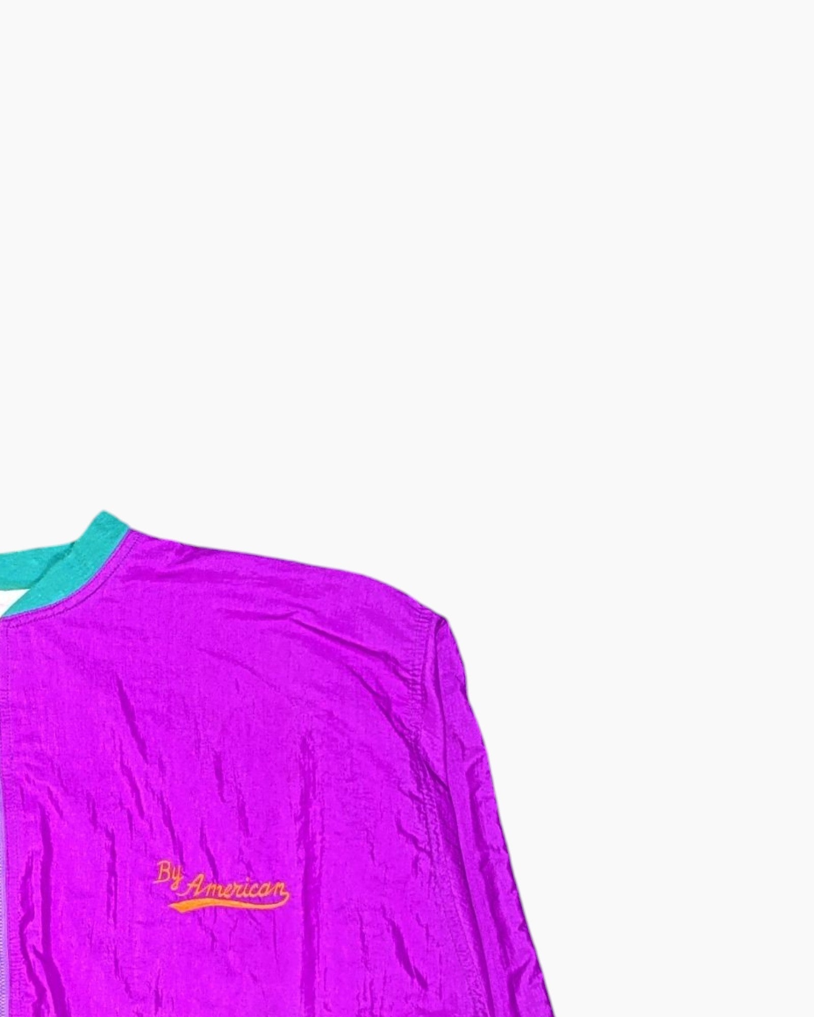 Front-detail-2 Vintage 80s/90s By American Windbreaker Jacket – Neon Purple with Varsity Graphic