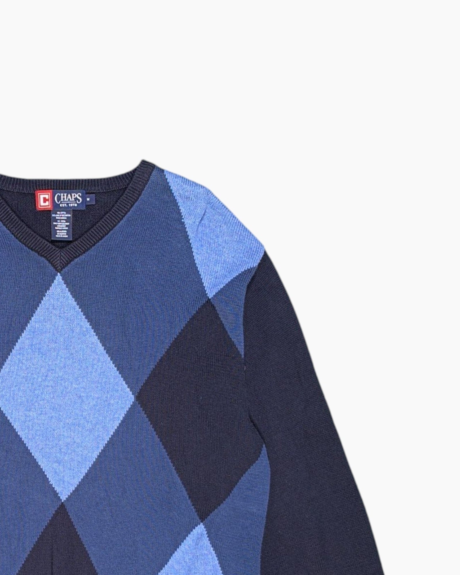 Front-detail-2 Vintage Y2K CHAPS Pullover Sweater – Blue Argyle Front