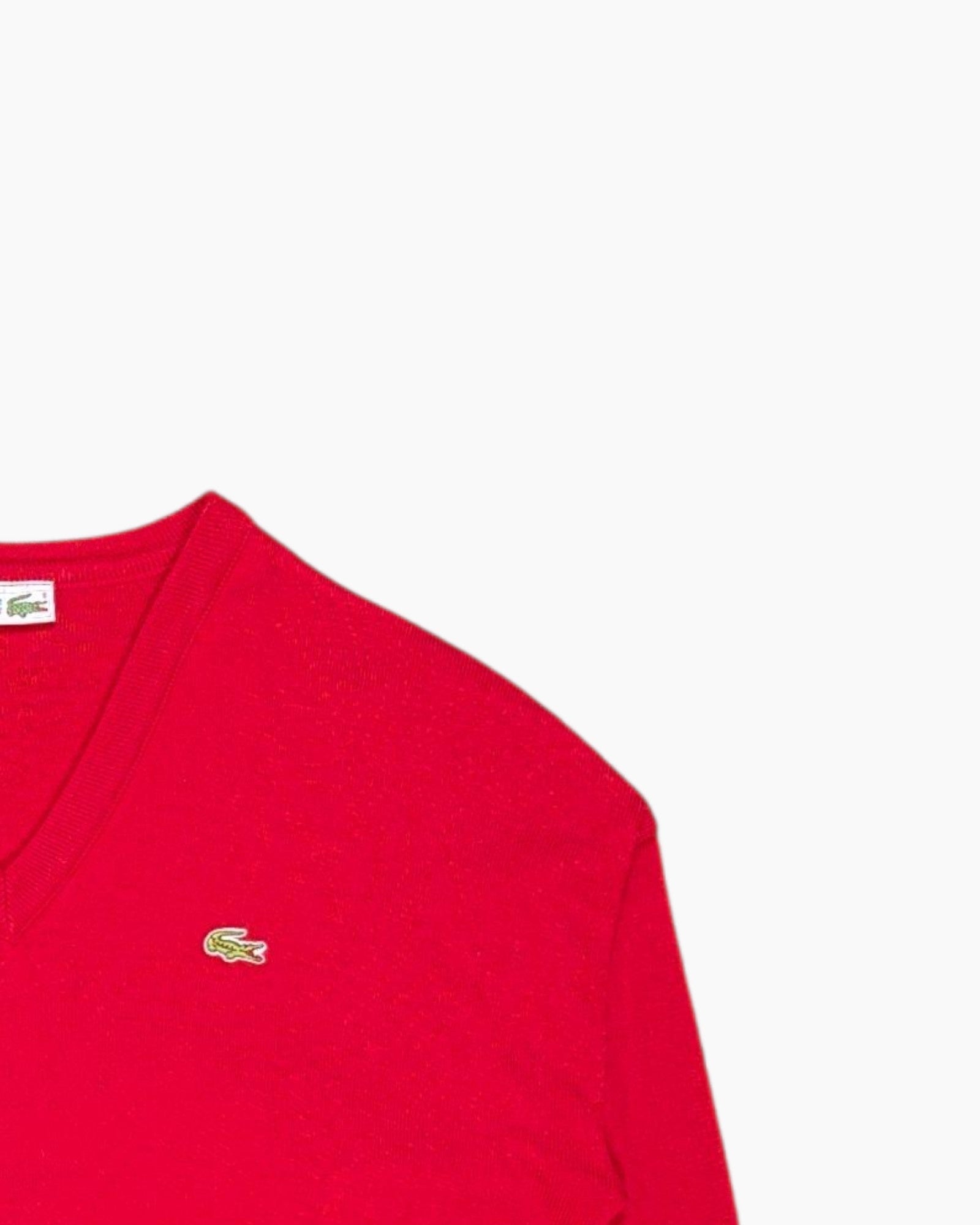 Front-detail-2 Vintage 70s/80s CHEMISE LACOSTE Pullover Sweater – Red V‑neck Crocodile