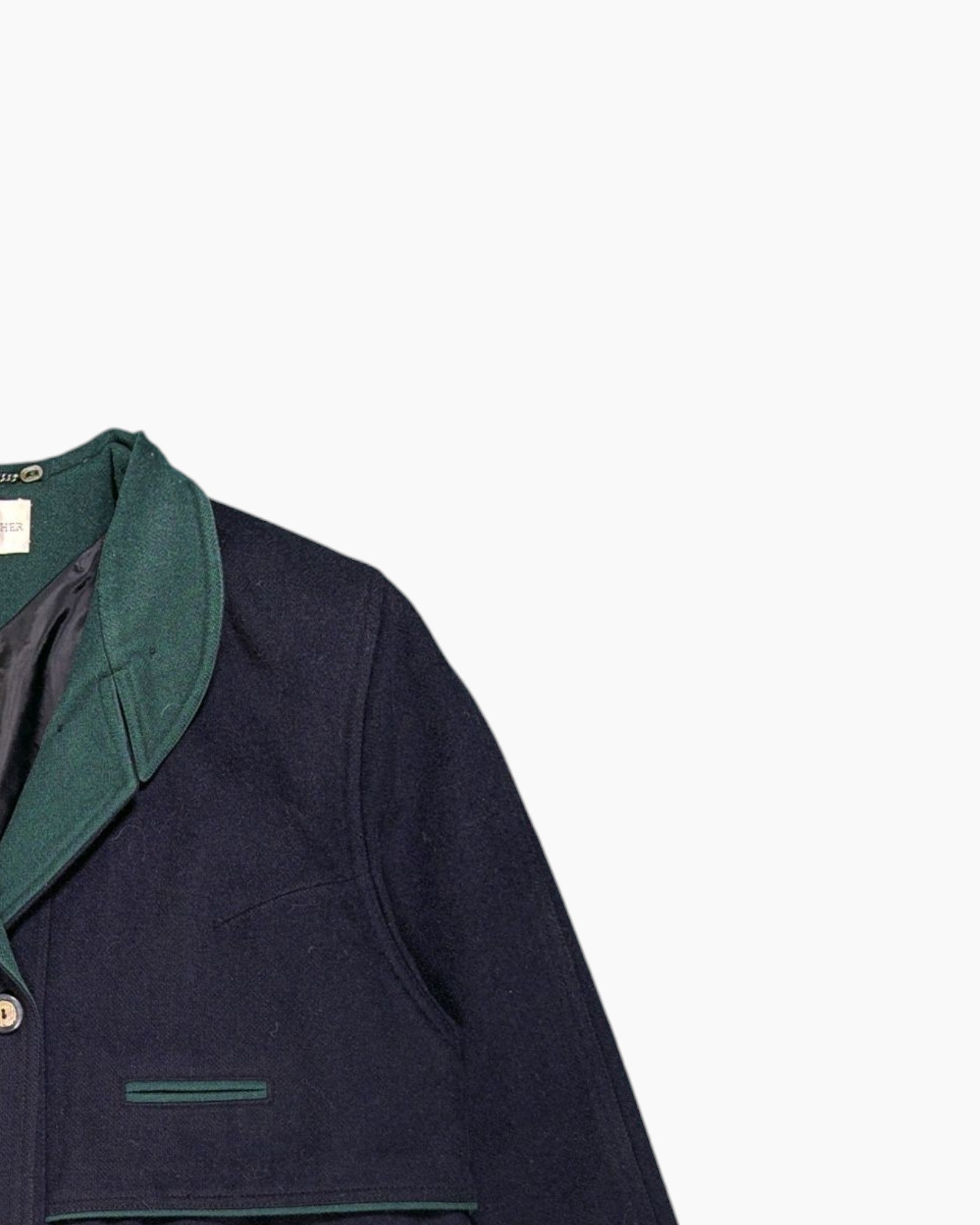 Front-detail-2 Vintage 80s/90s CLAUS FISCHER Wool Jacket – Navy with Green Collar