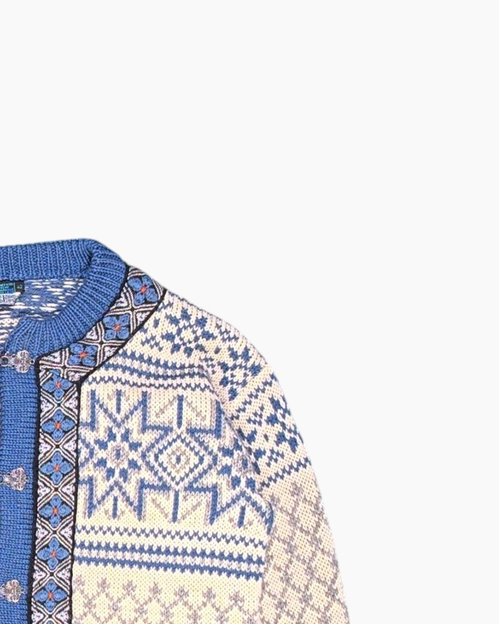 Front-detail-2 Vintage 80s/90s Dale Cardigan (Norwegian-style) – Blue Fair Isle