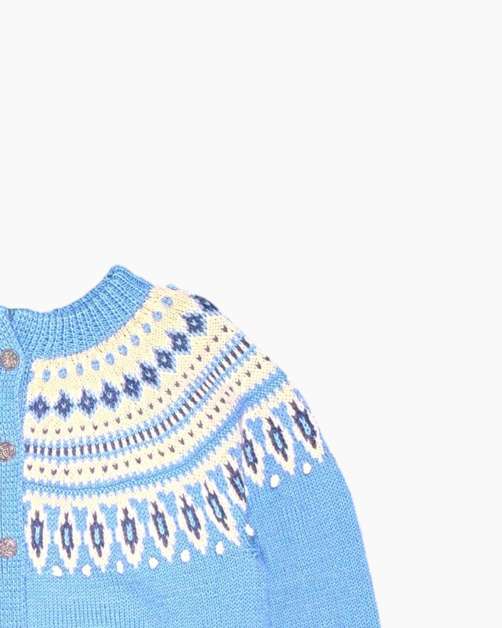 Front-detail-2 Vintage 70s/80s Dale Cardigan – Blue Fair Isle Yoke