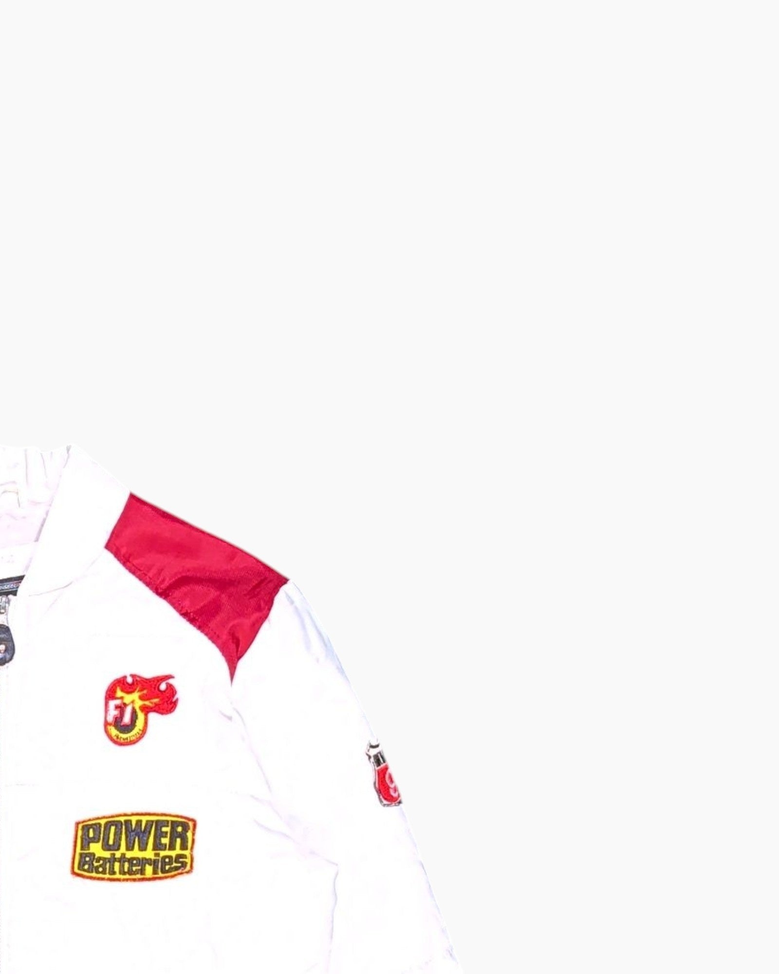 Front-detail-2 Vintage Y2K DROMEDAR Bomber Jacket – White with Red Contrast (secondhand)