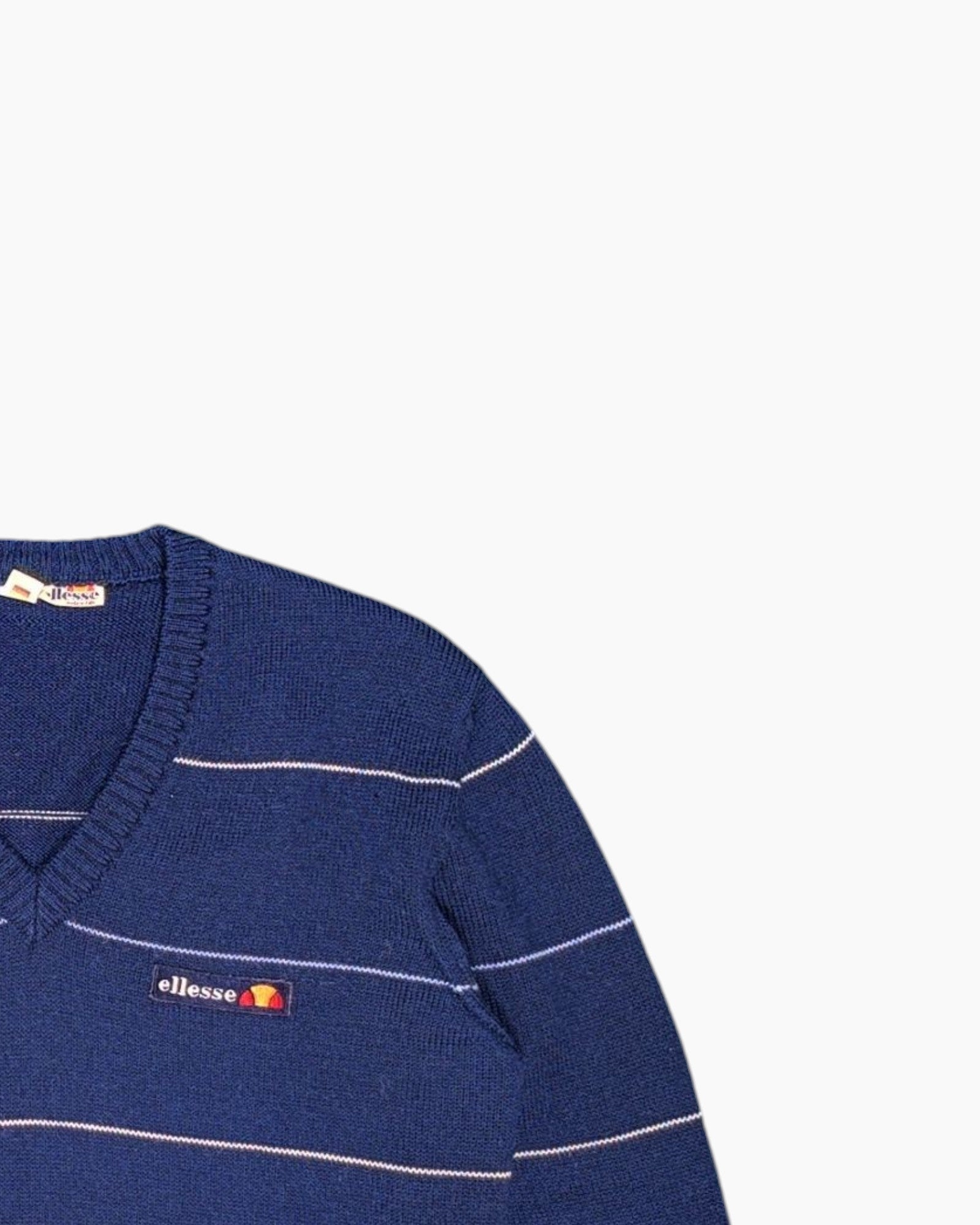 Front-detail-2 Vintage 80s/90s ellesse Pullover Sweater – Navy Pinstripes