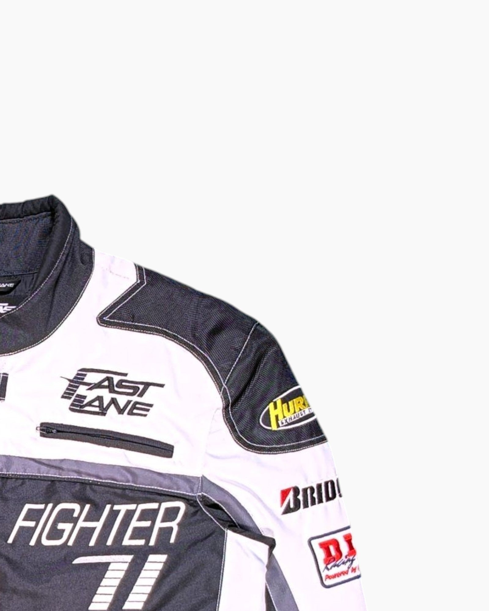 Front-detail-2 Vintage 2000s FAST LANE Motorcycle Jacket – Black Race Graphics