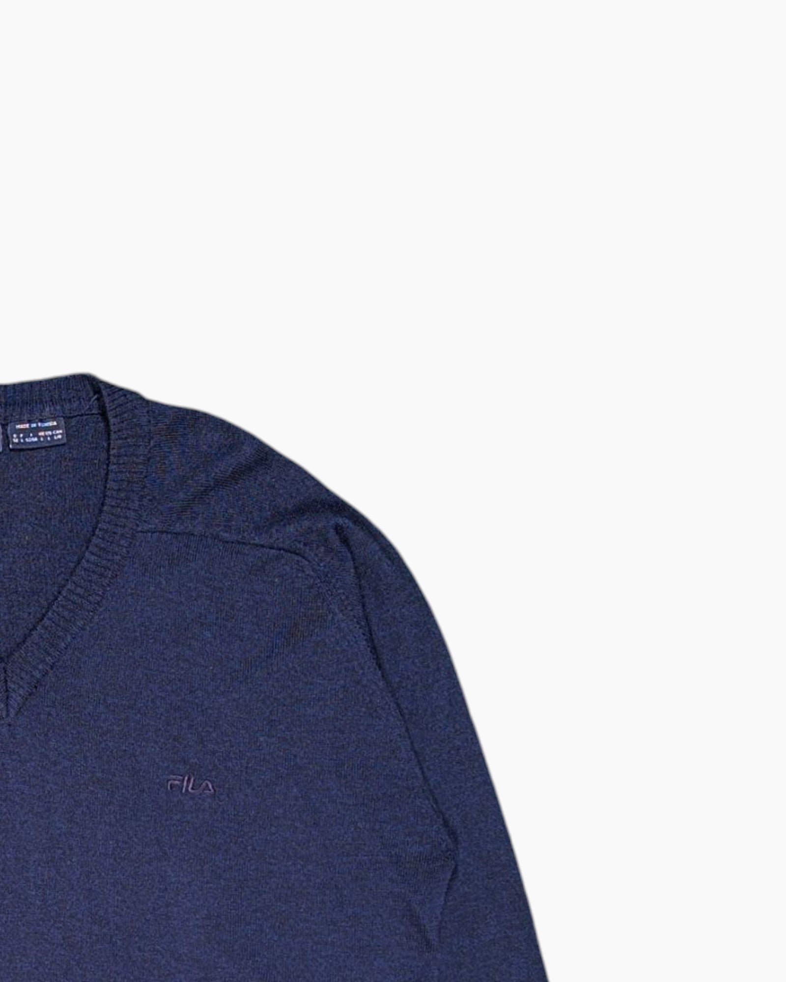 Front-detail-2 Pre-owned FILA Pullover Sweater – Navy V-neck with Embroidered Logo