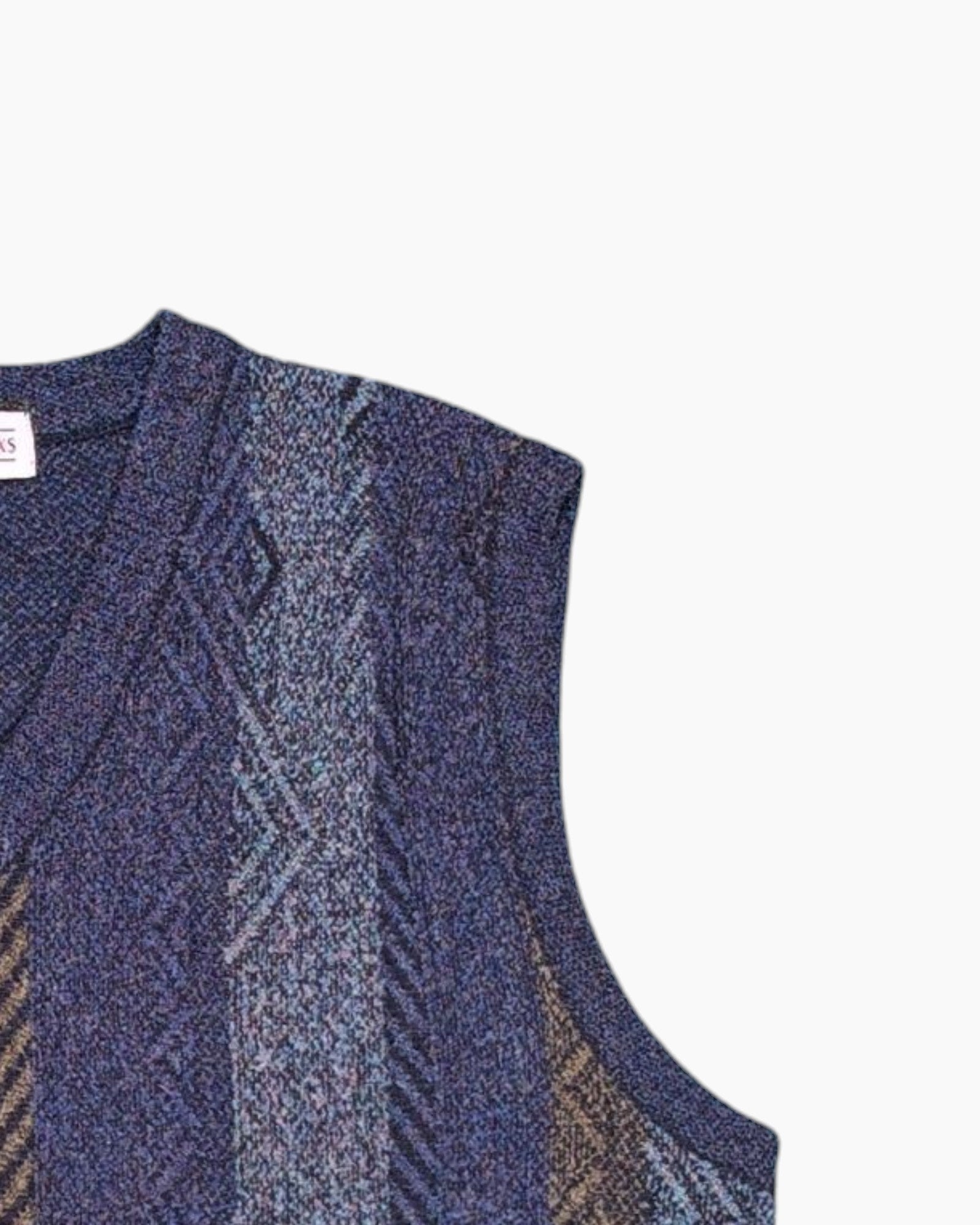 Front-detail-2 Vintage 80s/90s FRANKALEXS Pullover Sweater Vest – Blue Jacquard Chevron