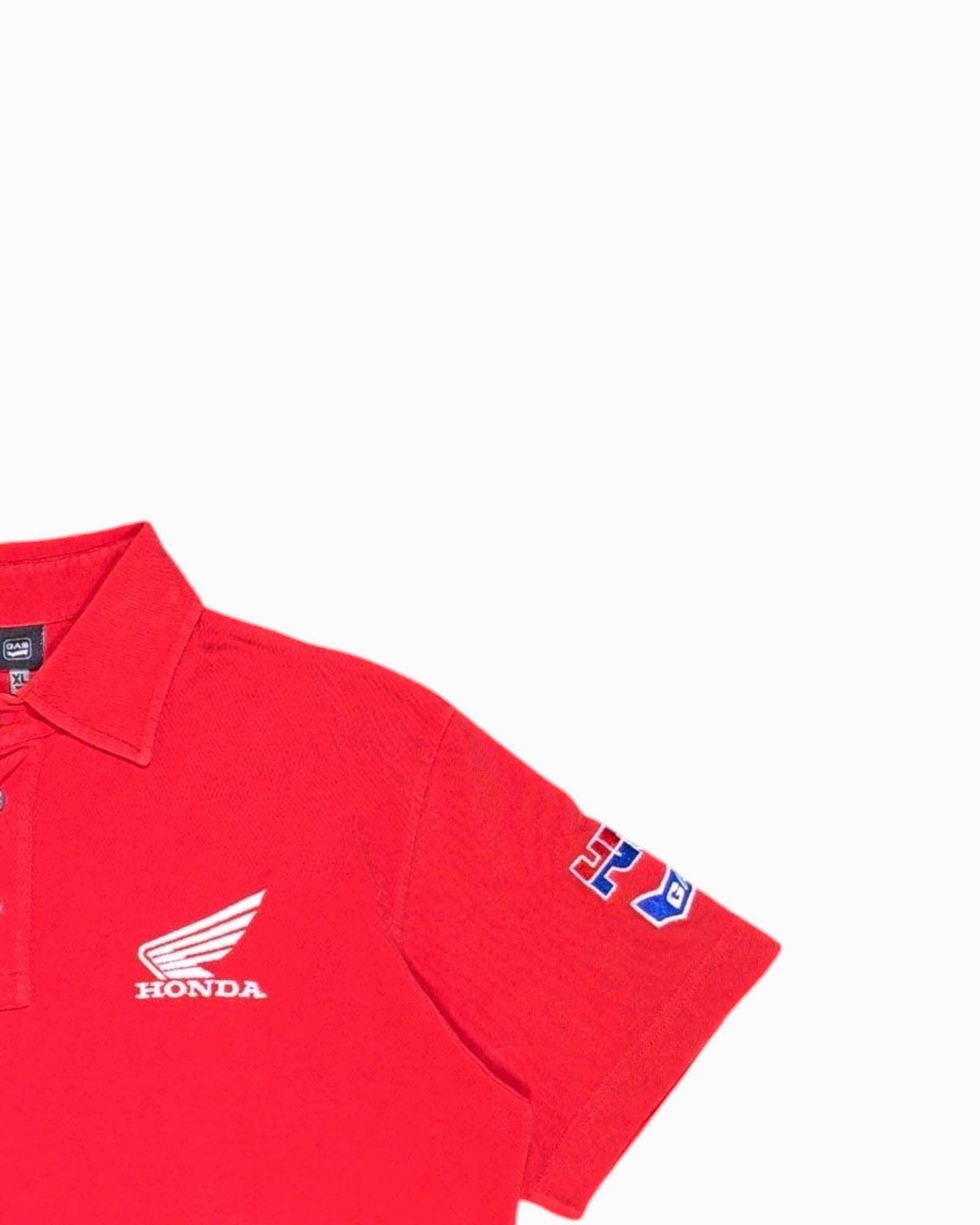 Front-detail-2 Pre-owned GAS Polo Shirt – Red with Honda Team Graphics