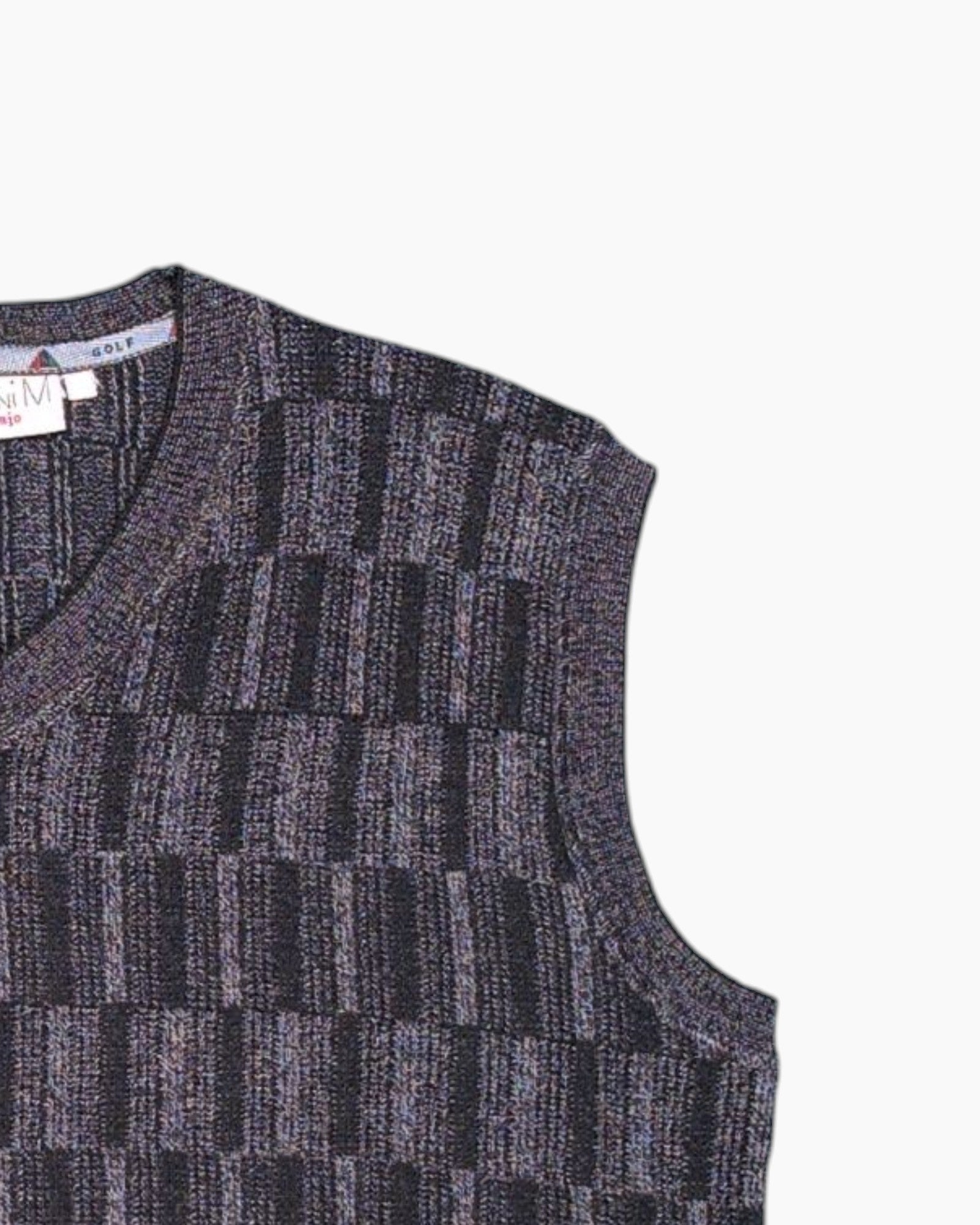 Front-detail-2 Vintage 80s/90s Gianni V. Knit Vest – Gray Tonal Geometric (Preloved)