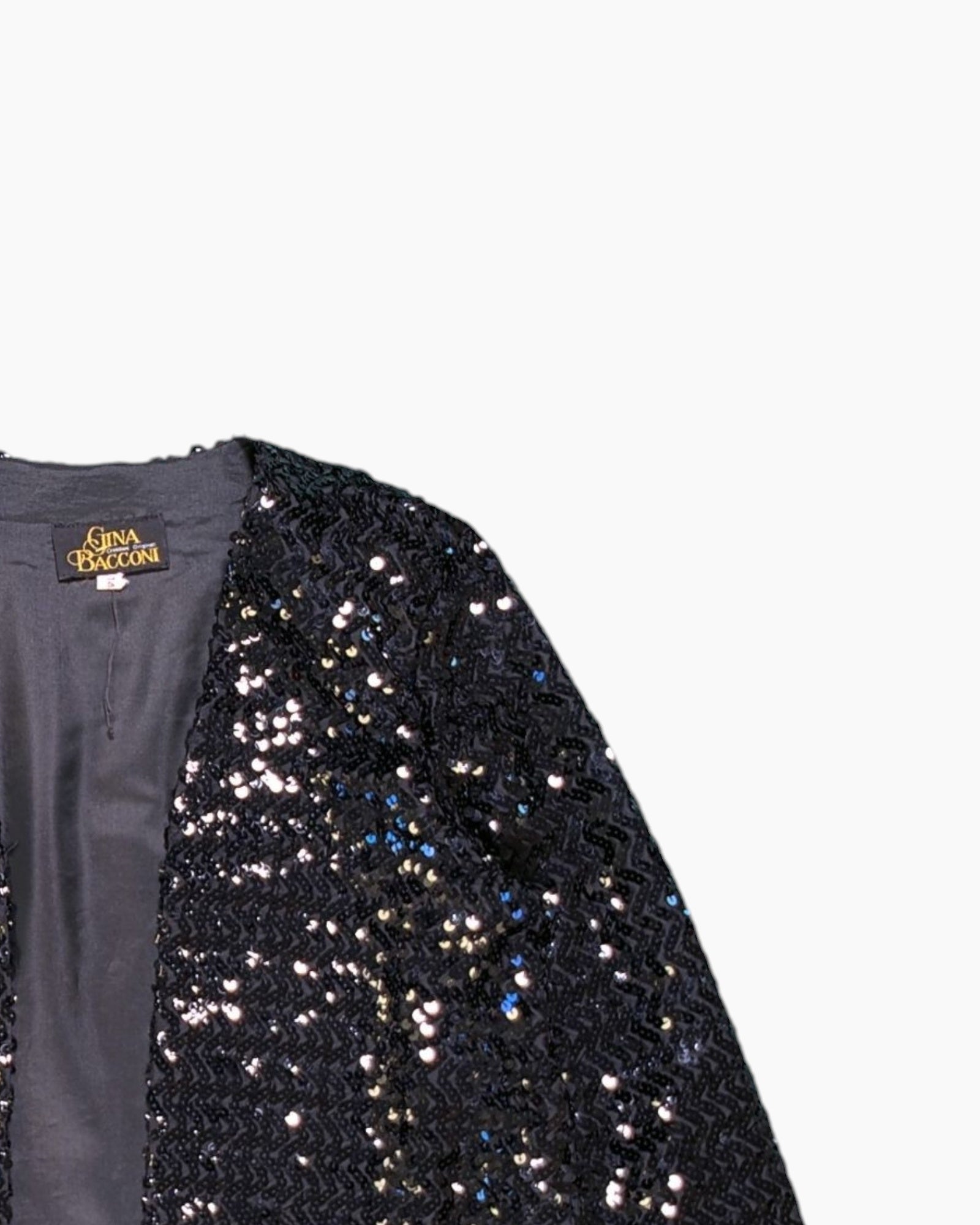 Front-detail-2 Vintage 80s/90s Gina Bacconi Sequin Jacket – Black Chevron Sequin