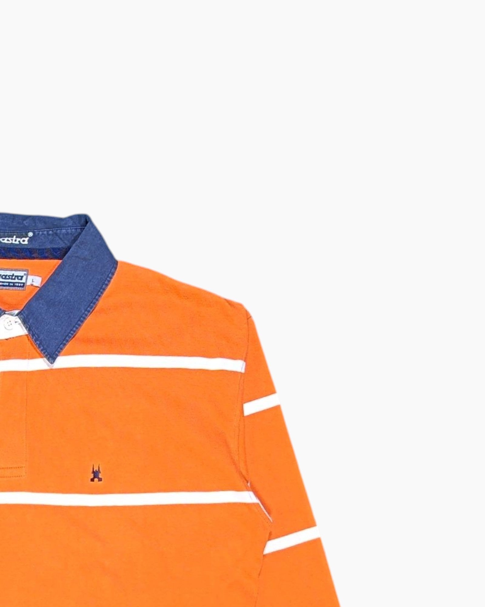 Front-detail-2 Pre-owned Gocastro Long Sleeve Rugby Shirt – Orange Striped