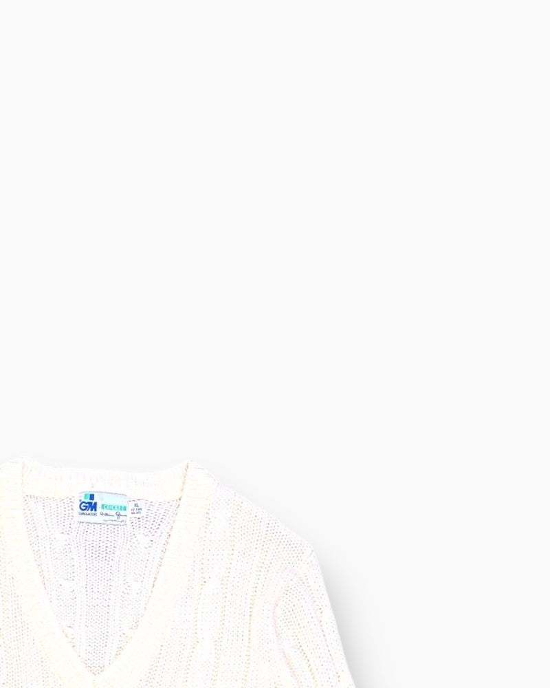 Front-detail-2 Vintage 80s/90s Gunn & Moore Cable Knit Sweater – Cream Cricket V-neck