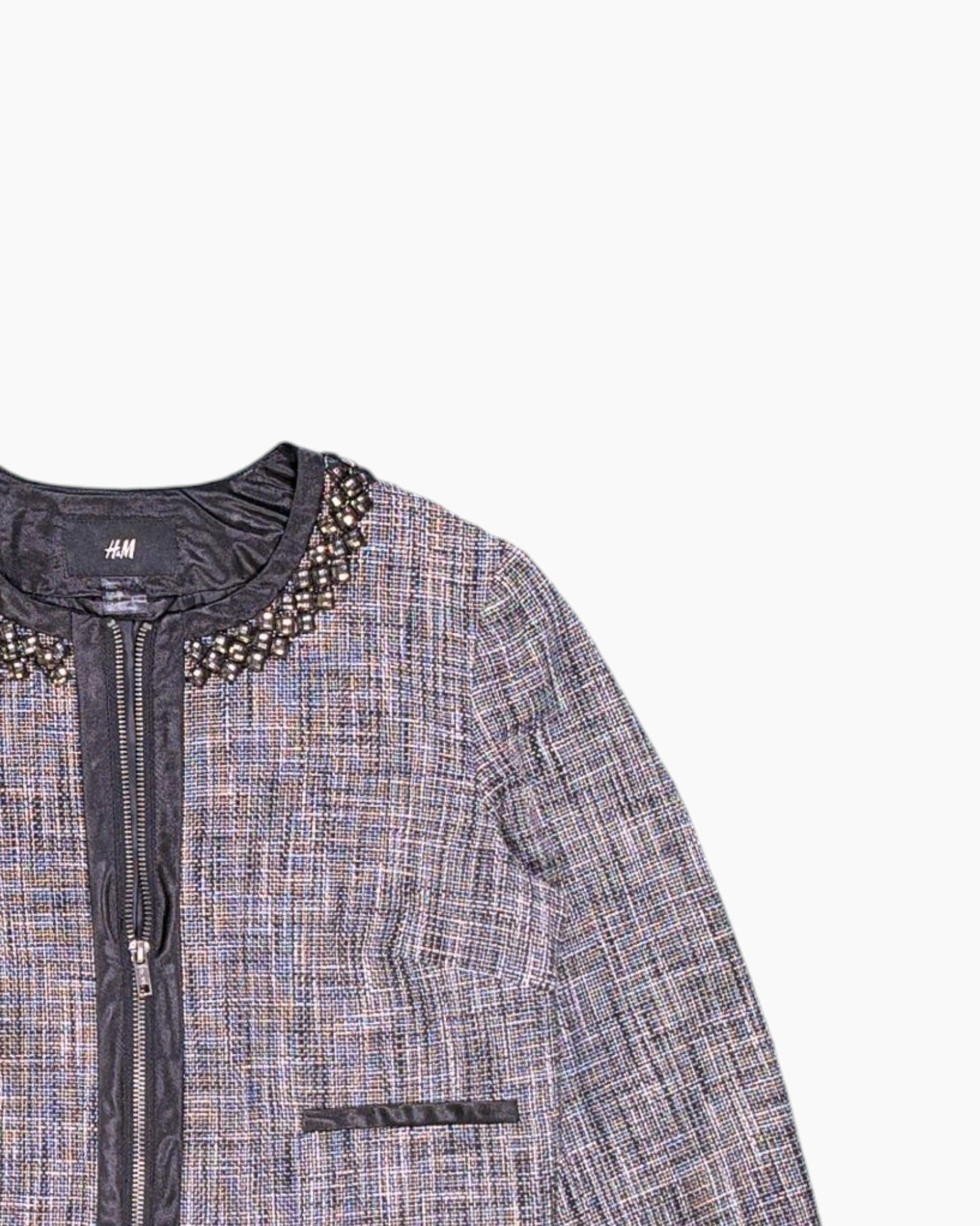 Front-detail-2 Pre-owned H&M Cropped Tweed Jacket – Multicolor Beaded Neckline
