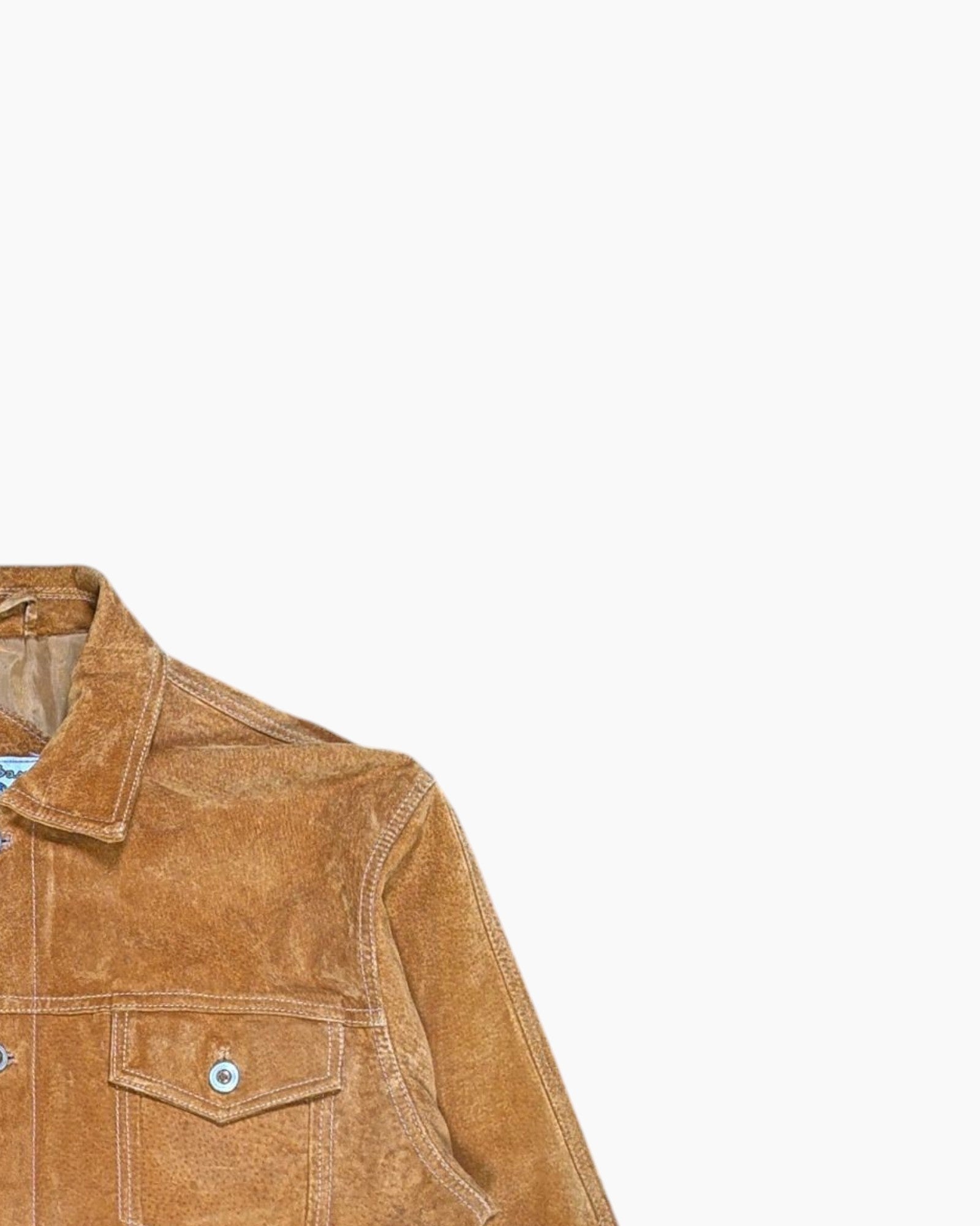 Front-detail-2 Vintage 90s John Baner Suede Trucker Jacket – Brown Boxy Cropped Fit