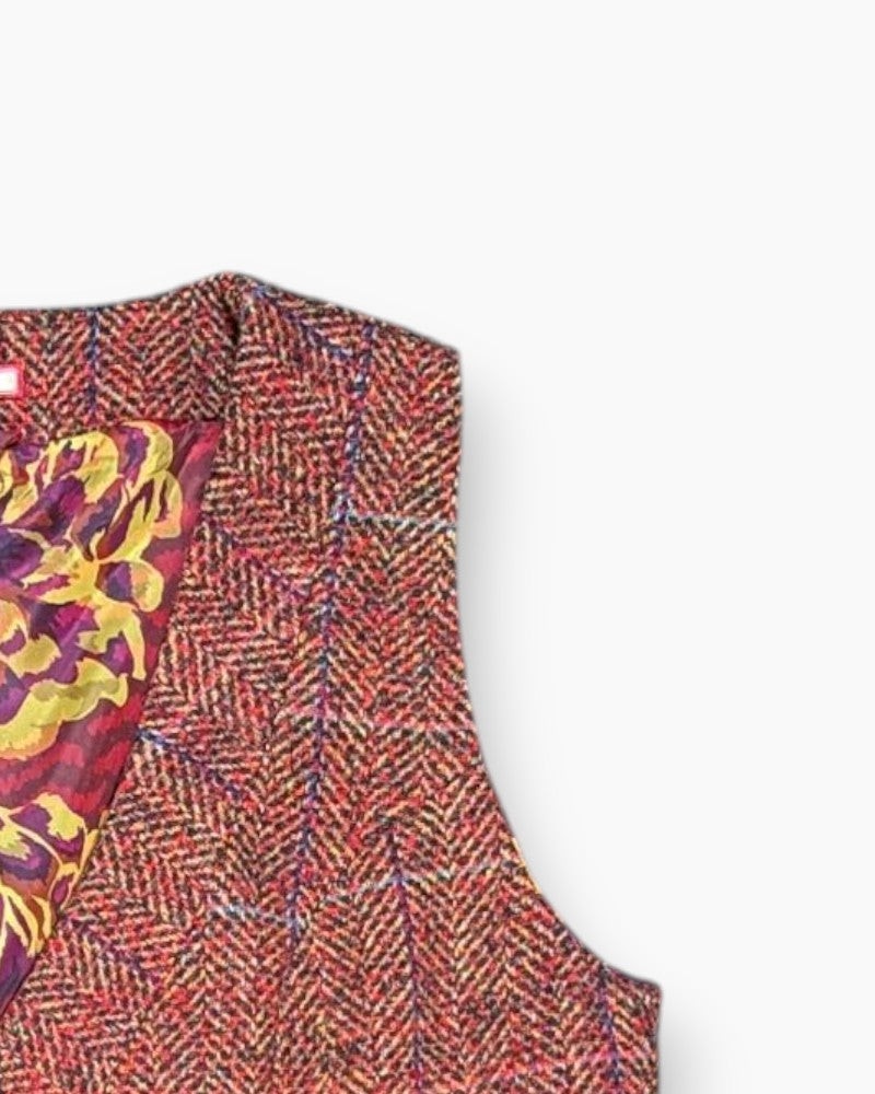 Front-detail-2 Pre-owned Jon Browns Vest – Multicolor Floral Satin Lining