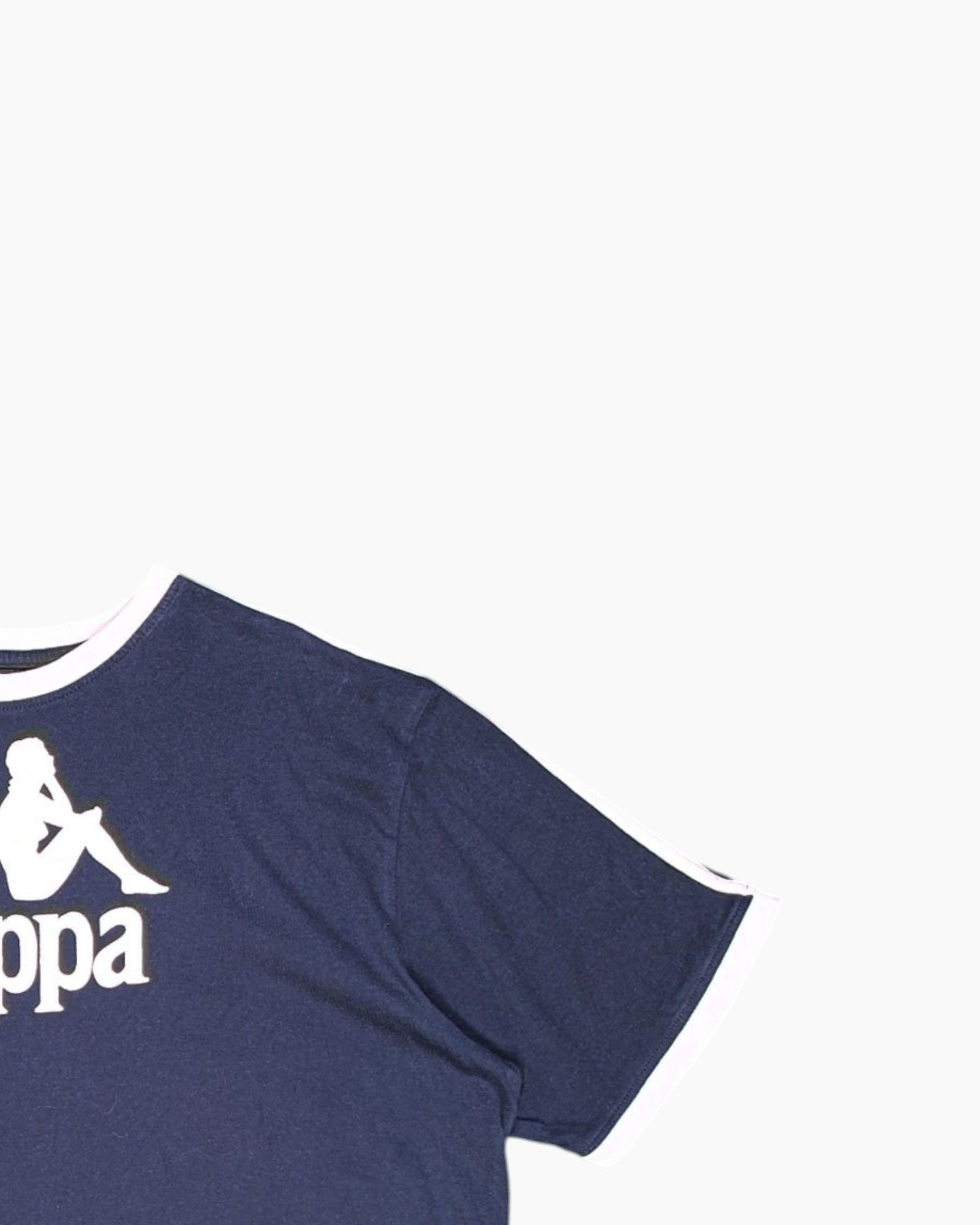 Front-detail-2 Vintage 90s Kappa Graphic T-Shirt – Navy Ringer Front Logo