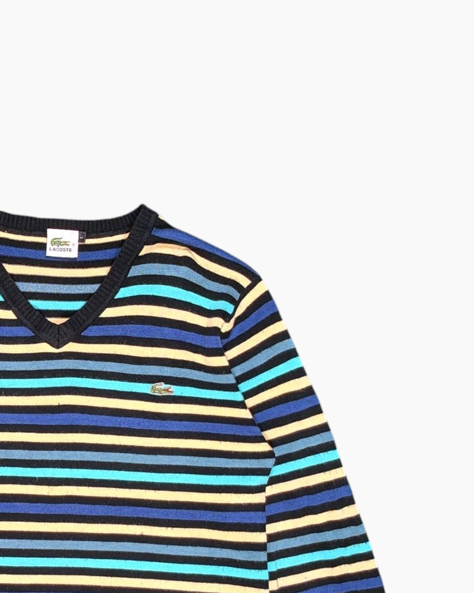 Front-detail-2 Vintage 90s/2000s LACOSTE Pullover Sweater – Striped V‑neck (Preloved)