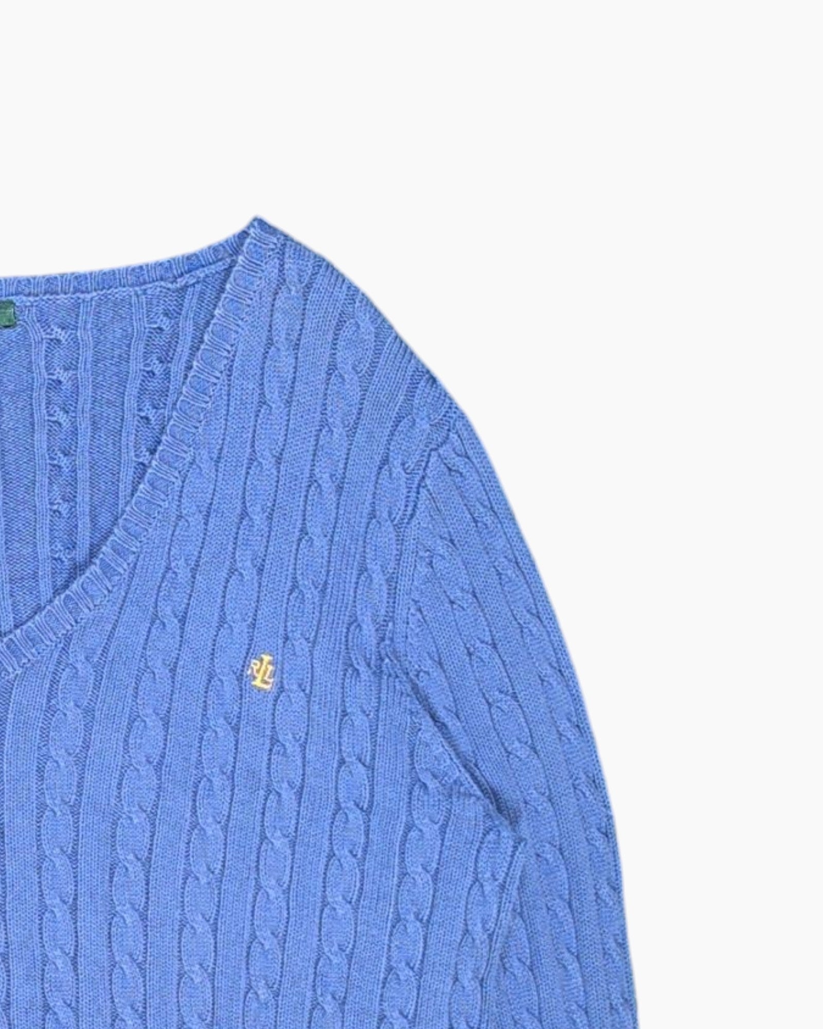 Front-detail-2 Vintage Y2K LAUREN RALPH LAUREN Pullover Sweater – Blue Cable Knit