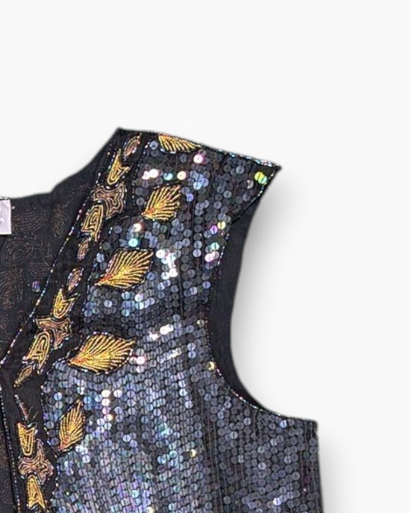 Front-detail-2 Vintage 80s/90s LLON Embellished Sequin Top – Black Beaded Party Shell