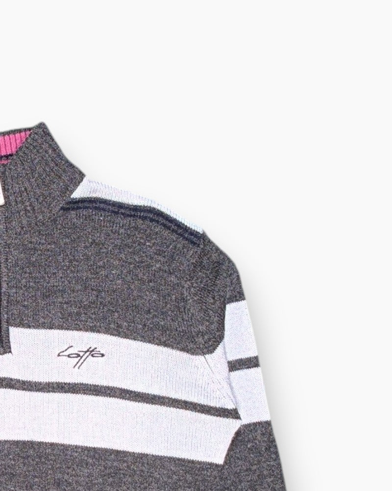 Front-detail-2 Vintage Y2K Lotto Pullover Sweater (half-zip) – Gray Striped