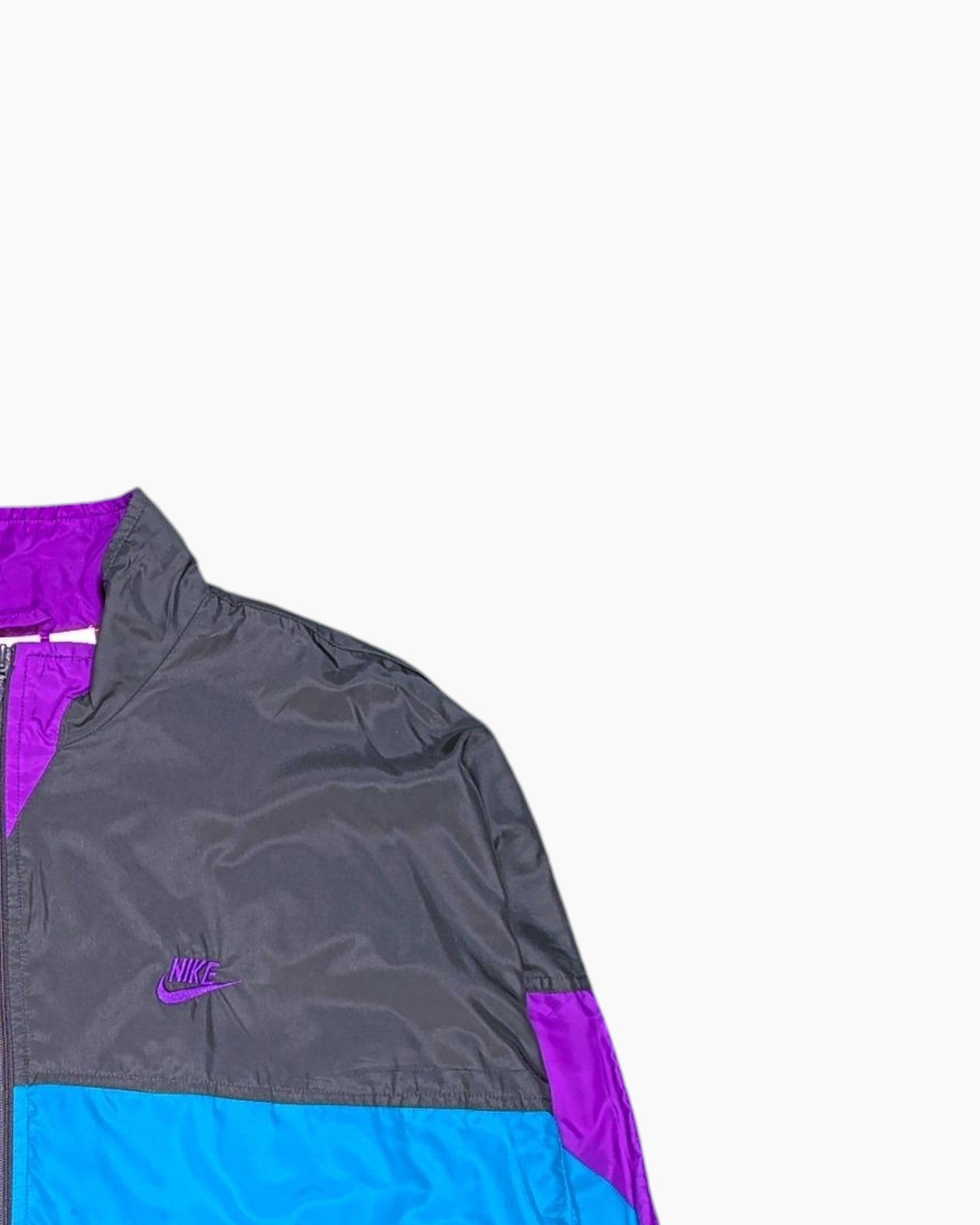Front-detail-2 Vintage 80s/90s Nike Windbreaker Jacket – Purple Teal Diagonal Block