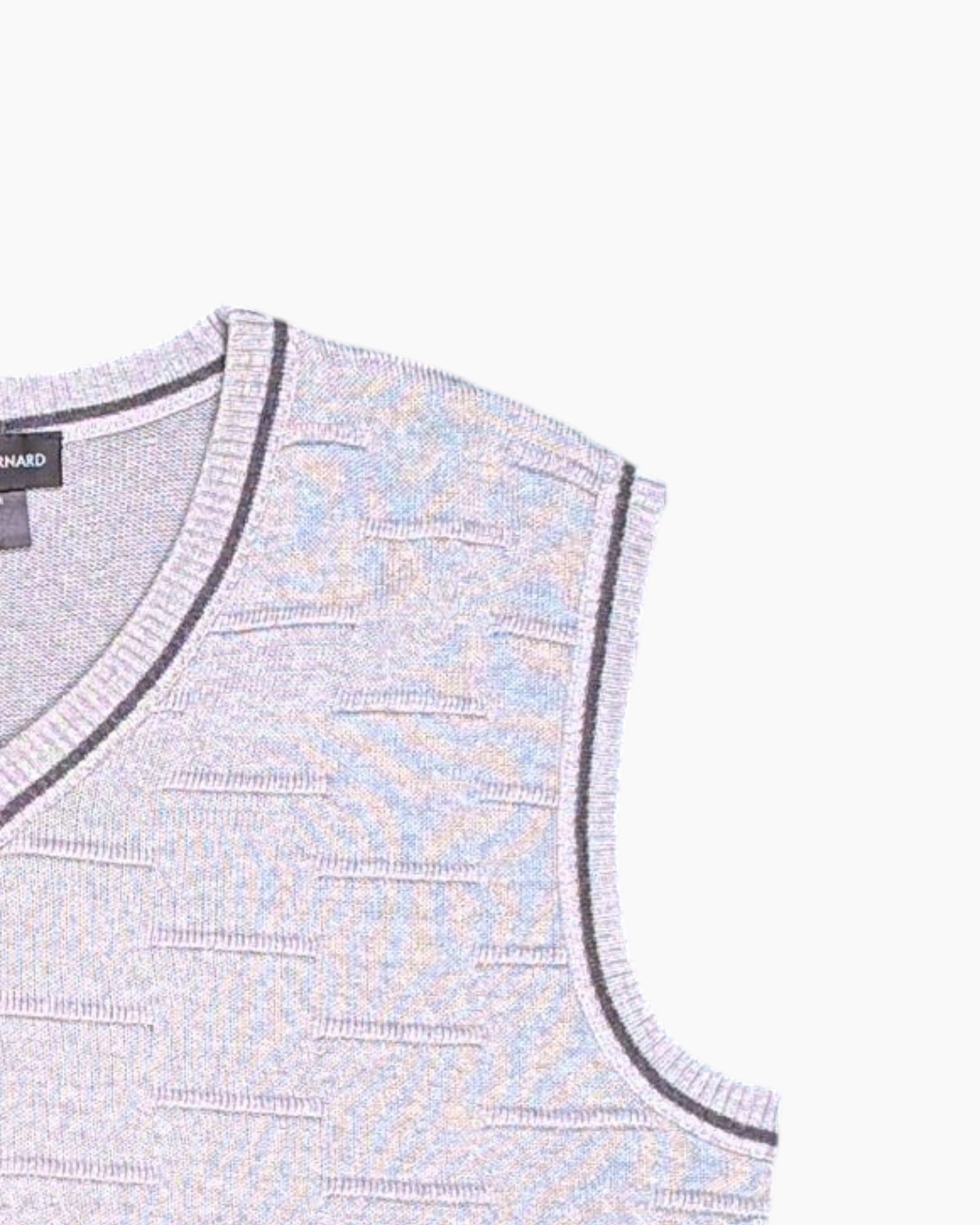 Front-detail-2 Pre-owned PATRICK BERNARD Knit Vest – Gray Striped Trim