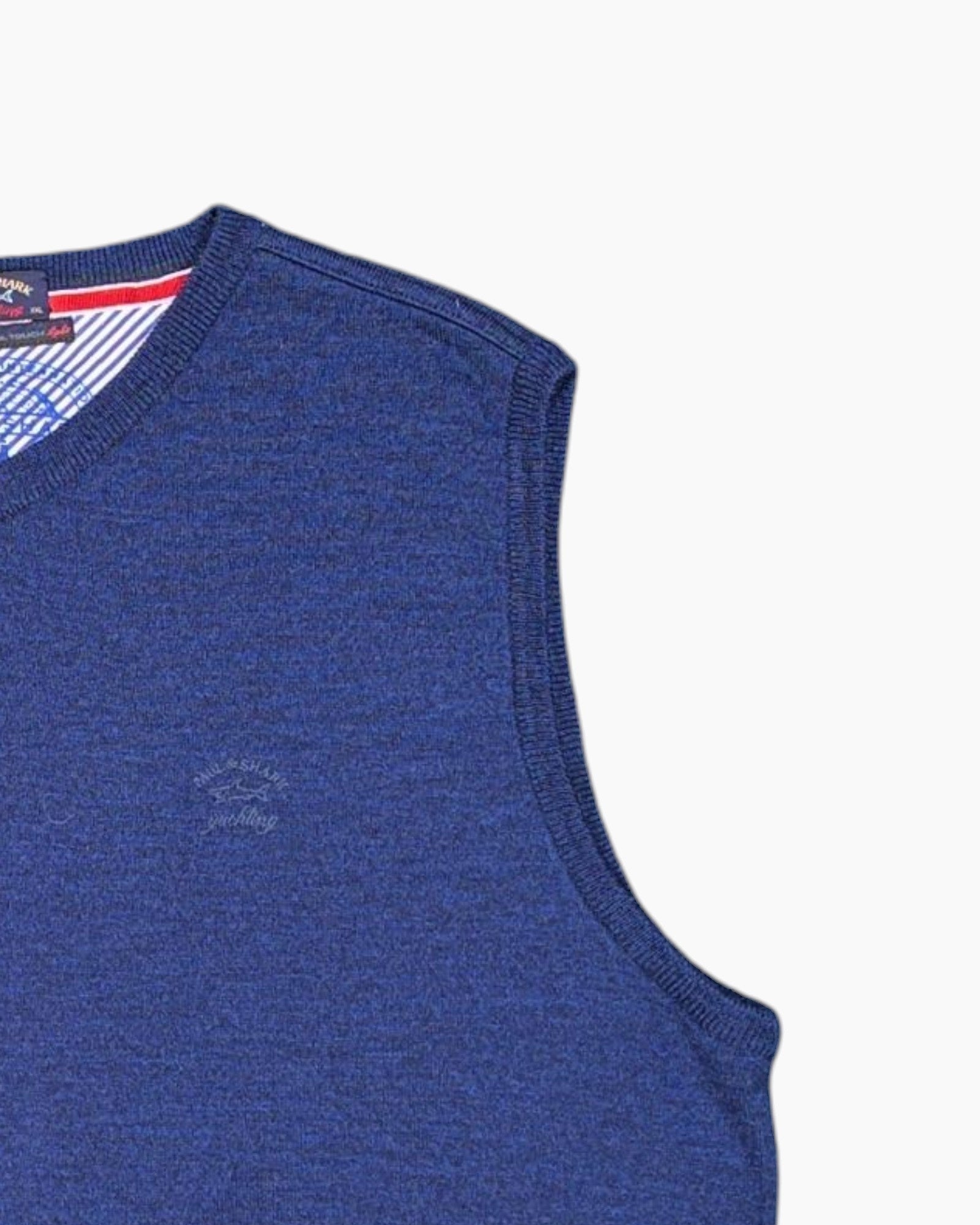 Front-detail-2 Pre-owned PAUL & SHARK Pullover Sweater – Navy V-neck Sleeveless