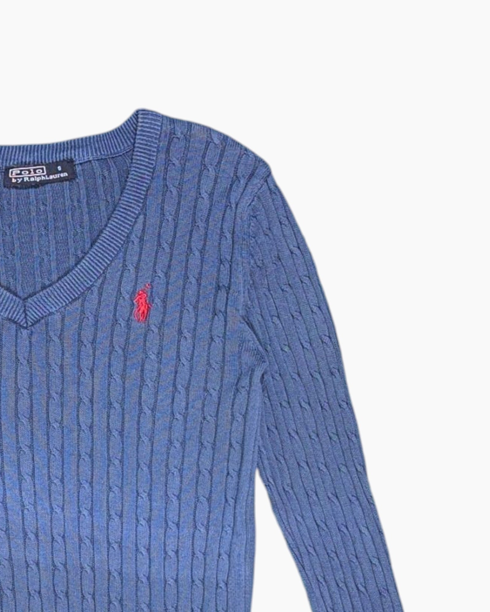 Front-detail-2 Vintage 90s/2000s Polo by Ralph Lauren Pullover Sweater – Blue Cable V‑Neck
