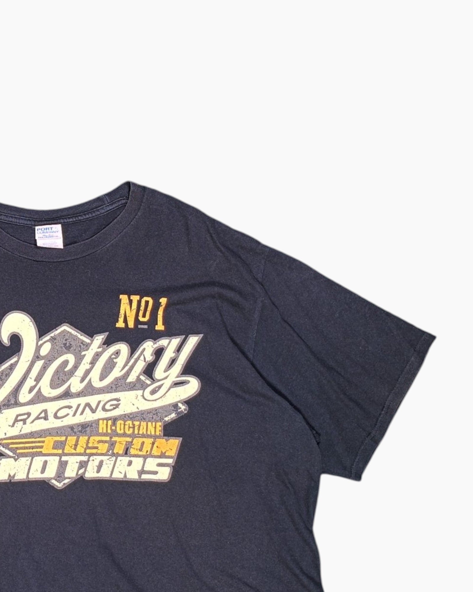 Front-detail-2 Pre-owned Port & Company Graphic T-Shirt – Black Faux-Distressed Racing Graphic