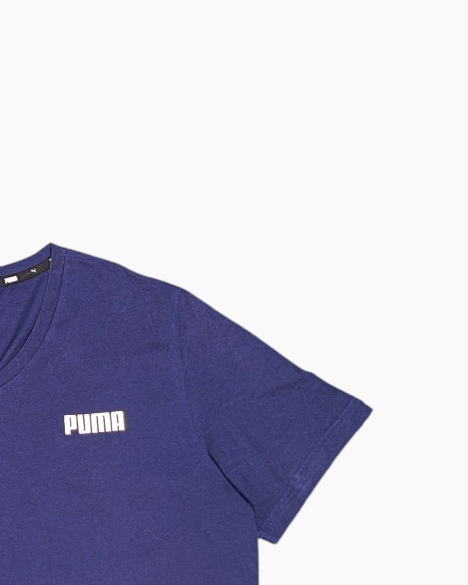 Front-detail-2 Pre-owned PUMA Graphic T-Shirt – Navy V-neck with Printed Logo