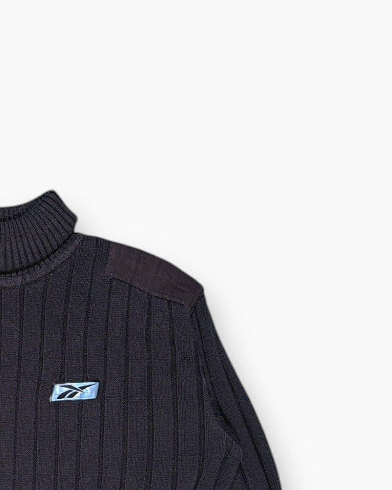Front-detail-2 Vintage Y2K Reebok Pullover Sweater – Black Rib Knit Mock Neck