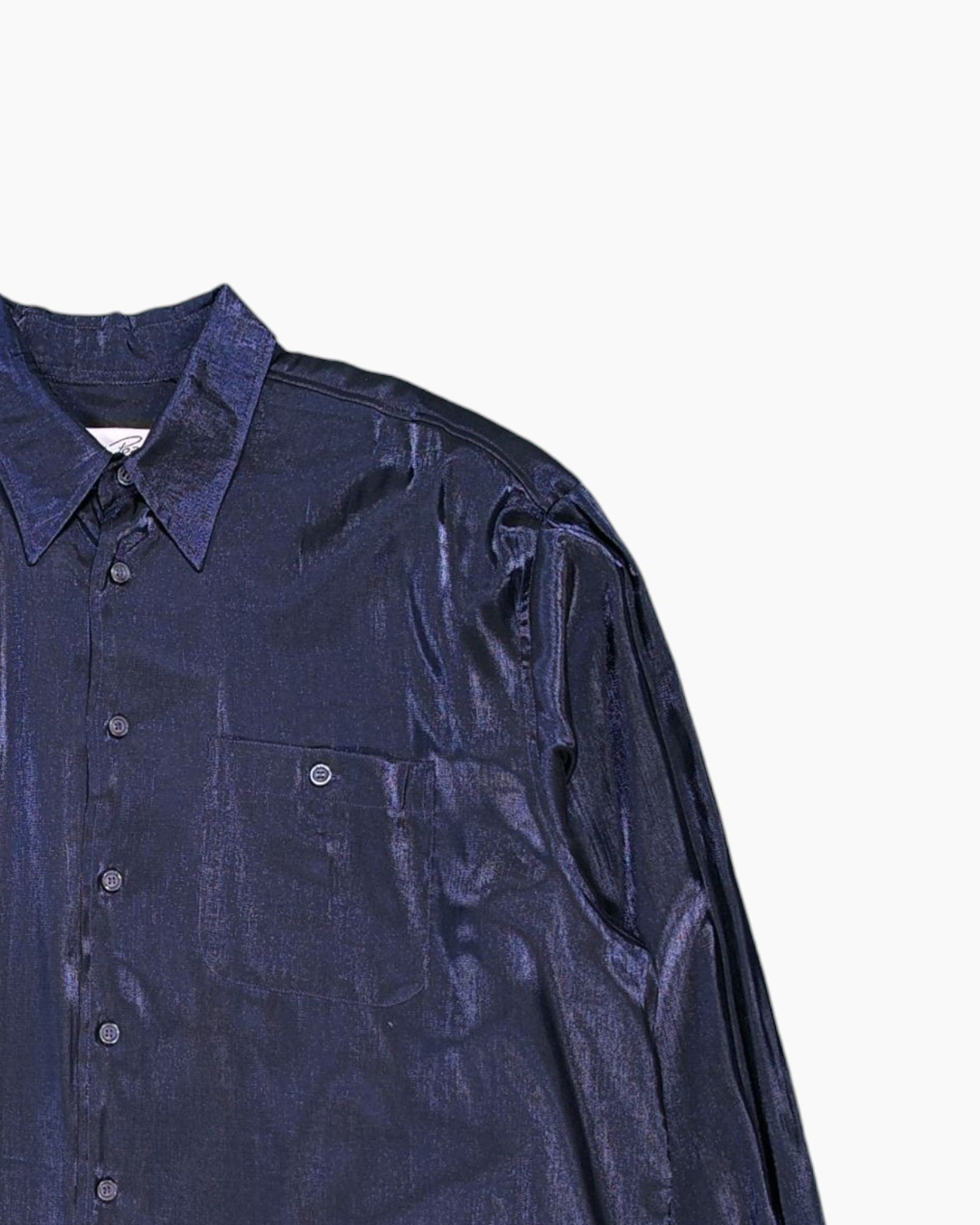 Front-detail-2 Vintage 80s/90s Sandro Pozzi Button-Down Shirt – Navy Satin Sheen