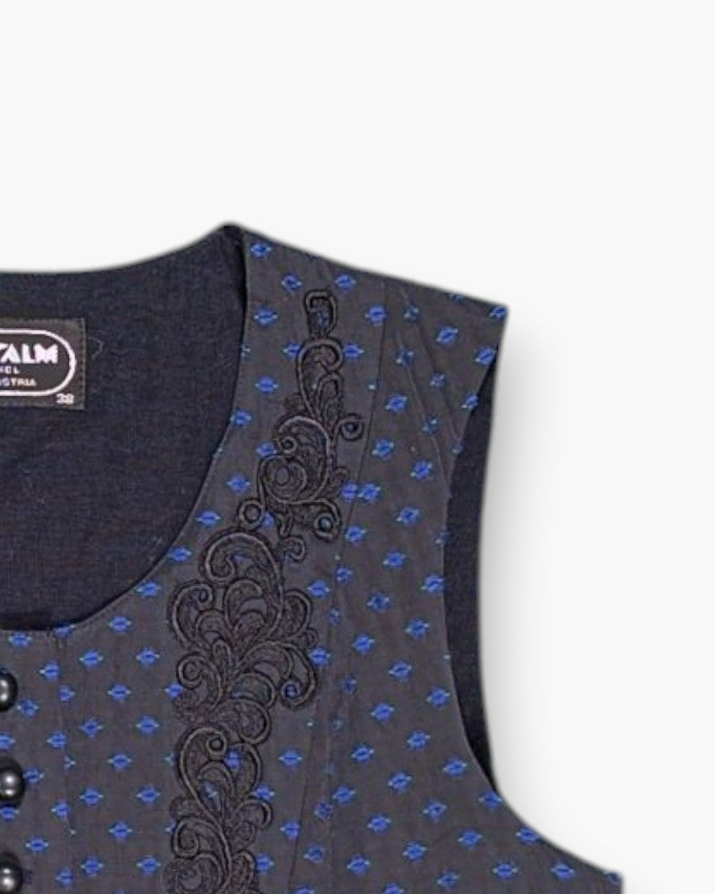 Front-detail-2 Vintage 80s/90s Sportalm Vest – Navy with Embroidered Soutache