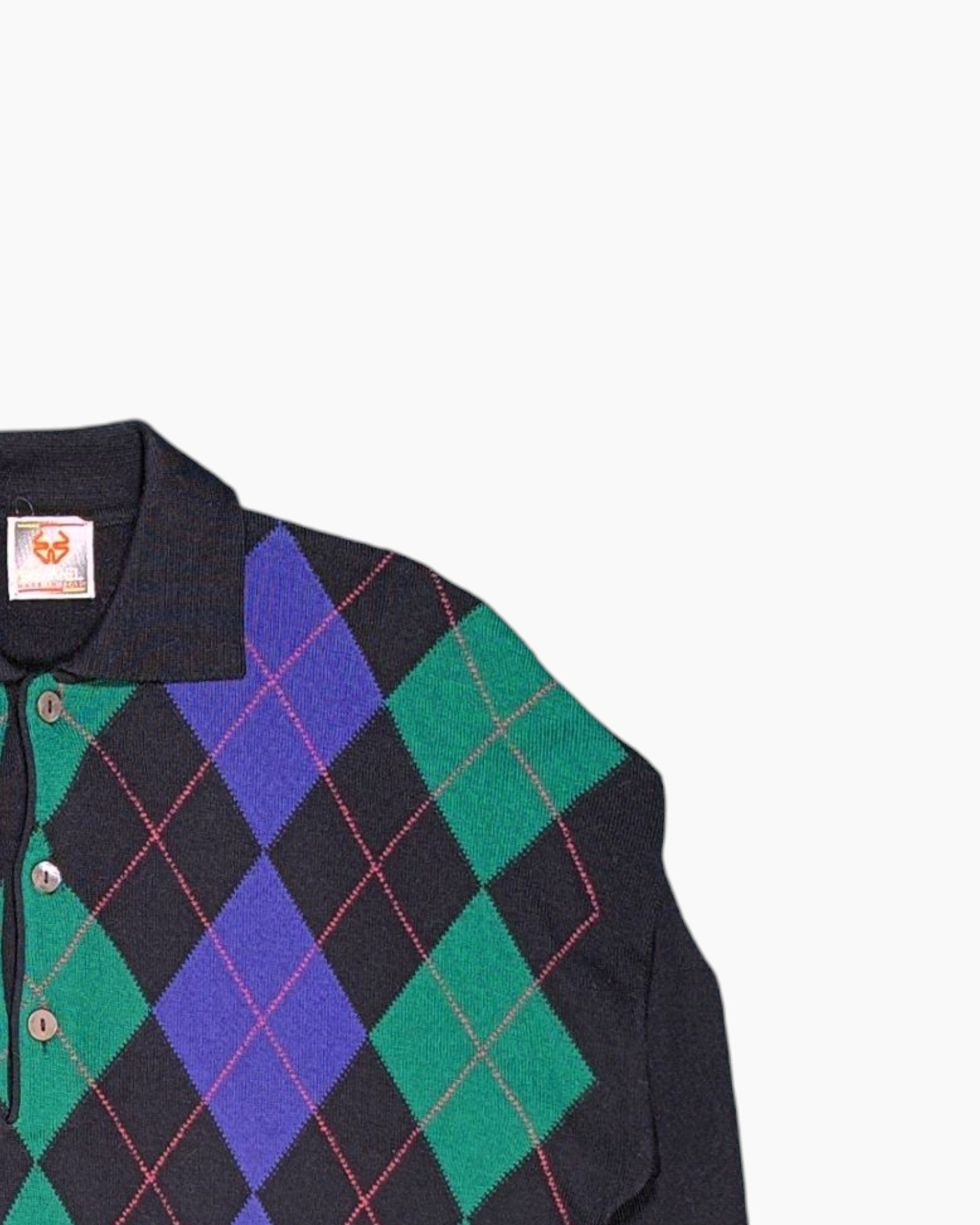 Front-detail-2 Vintage 80s/90s STEFANO Pullover Sweater – Black Argyle Front